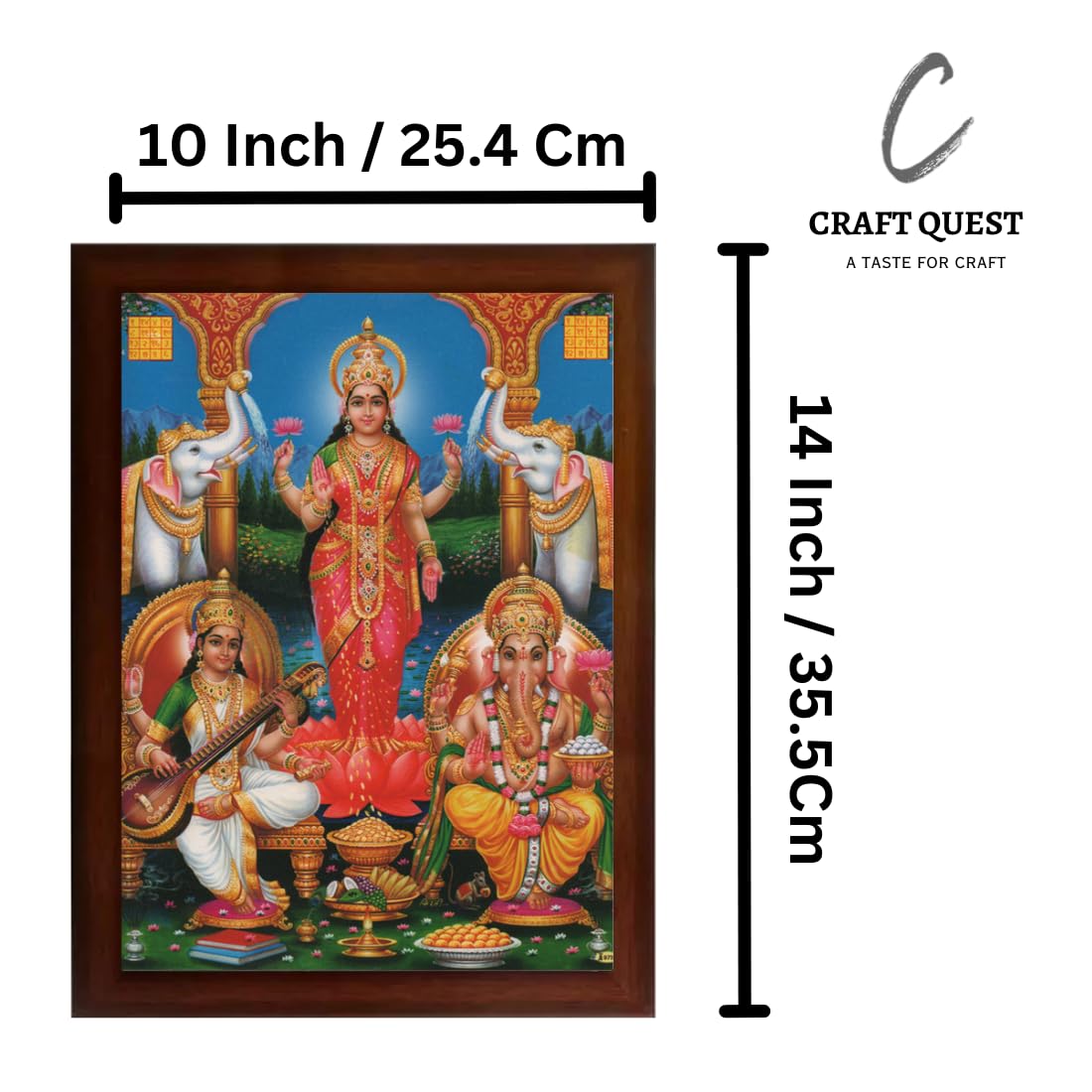 CRAFT QUEST Standing Lakshmi Devi with ganesh ji and saraswati maa Wall Painting Frame for Shop or Business