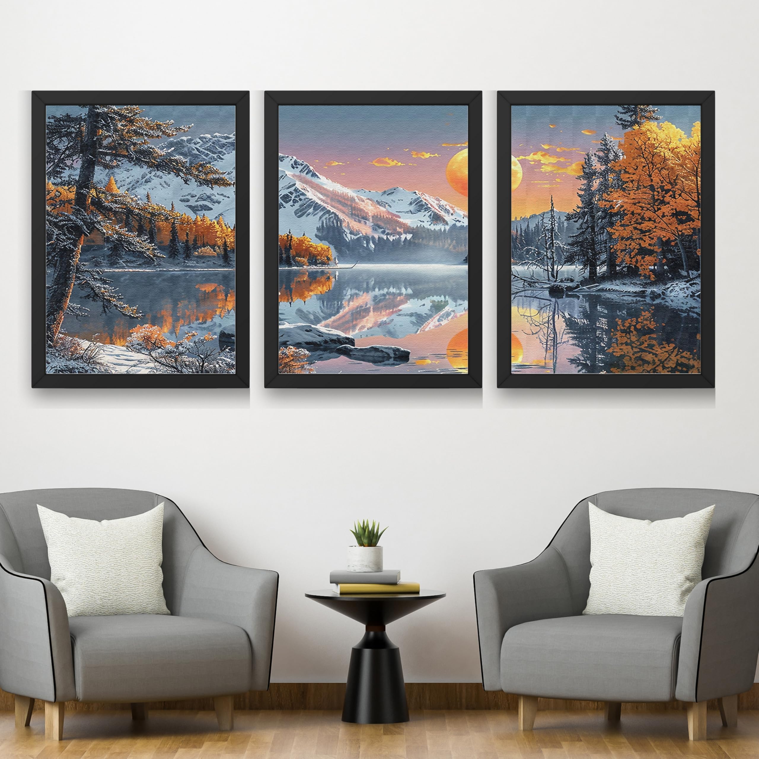 CRAFT QUEST Modern Art Paintings With Lake & Mountains Wall Art | Set of 3 Frames for Home Decoration | Ideal for Living Room, Bedroom & Offices