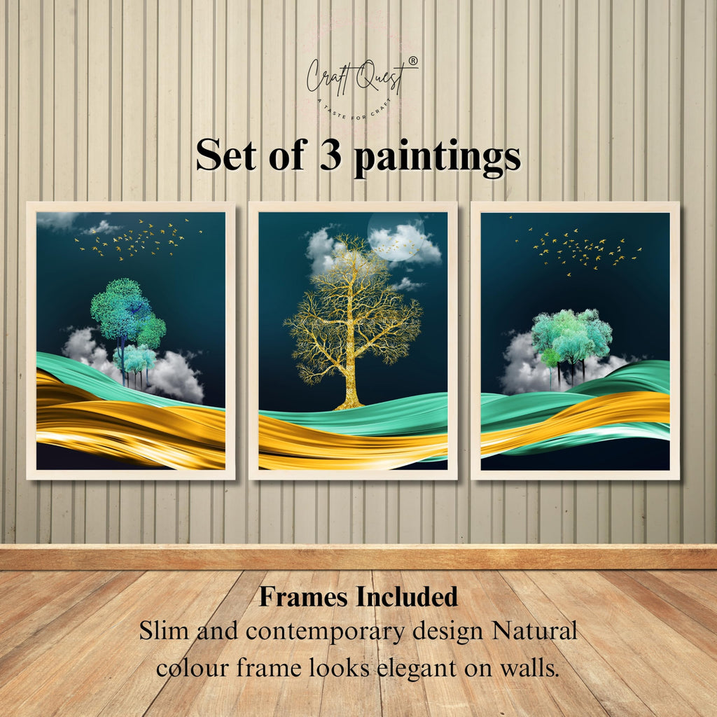 CRAFT QUEST Modern Art Mural With Golden Tree & Birds Wall Art | Set of 3 Frames for Home Decoration | Ideal for Living Room, Bedroom & Offices