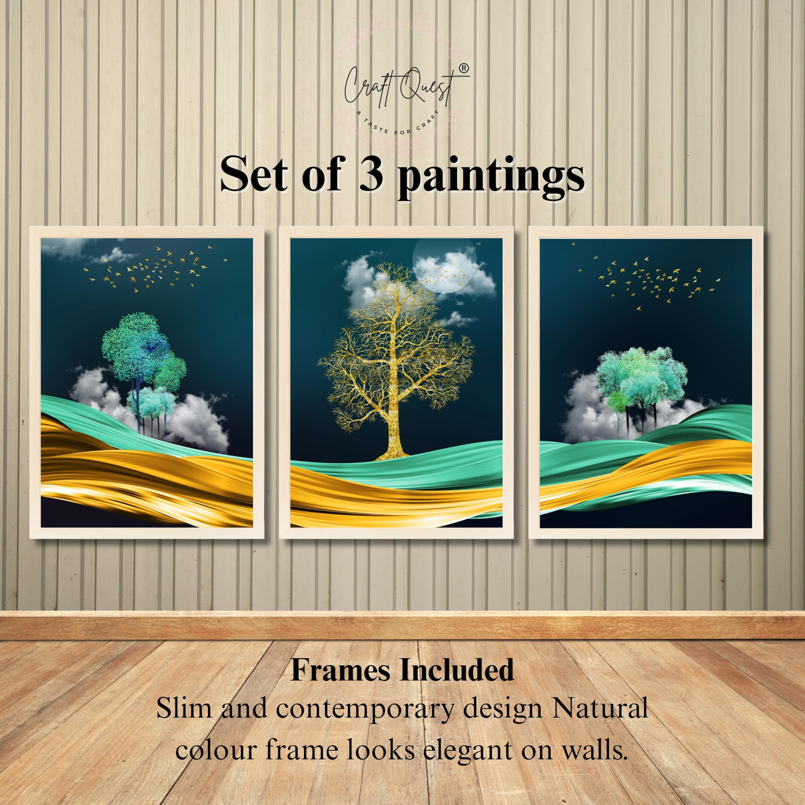 CRAFT QUEST Modern Art Mural With Golden Tree & Birds Wall Art | Set of 3 Frames for Home Decoration | Ideal for Living Room, Bedroom & Offices