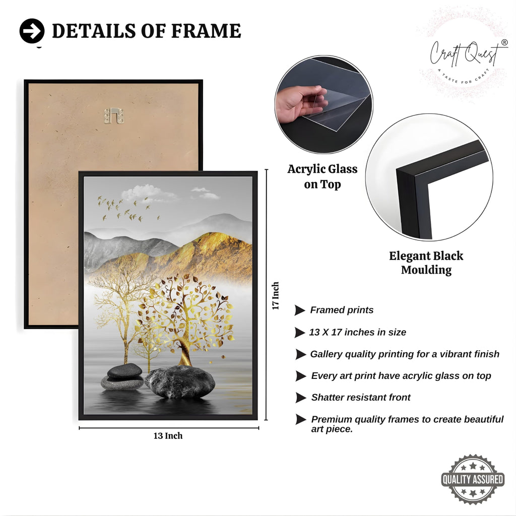 CRAFT QUEST Modern Art Landscape Golden Tree,Birds & Mountains Wall Art | Set of 3 Frames for Home Decoration | Ideal for Living Room, Bedroom & Offices