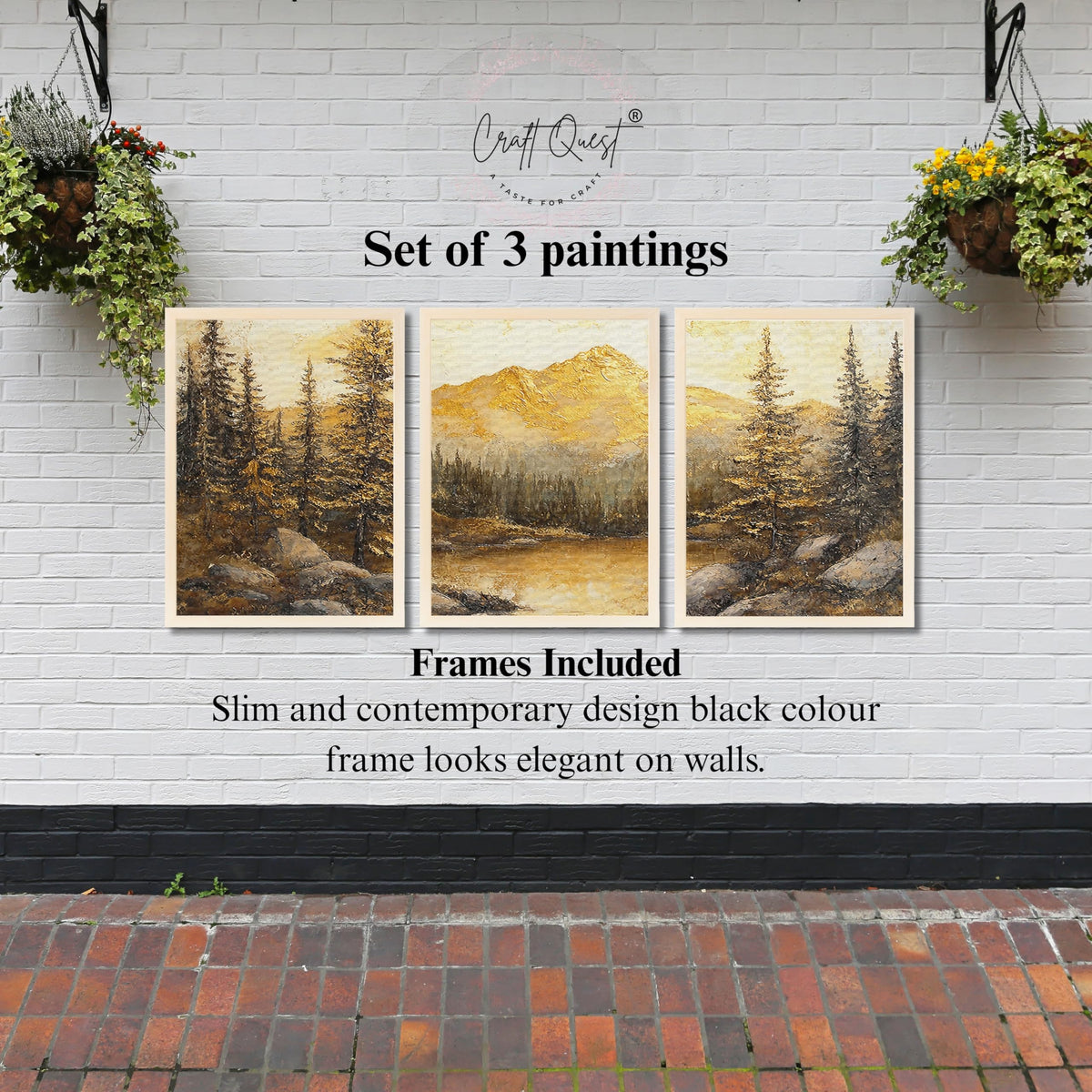 CRAFT QUEST Nature Inspired Painting Of Mountain With Trees Wall Art | Set of 3 Frames for Home Decoration | Ideal for Living Room, Bedroom & Office