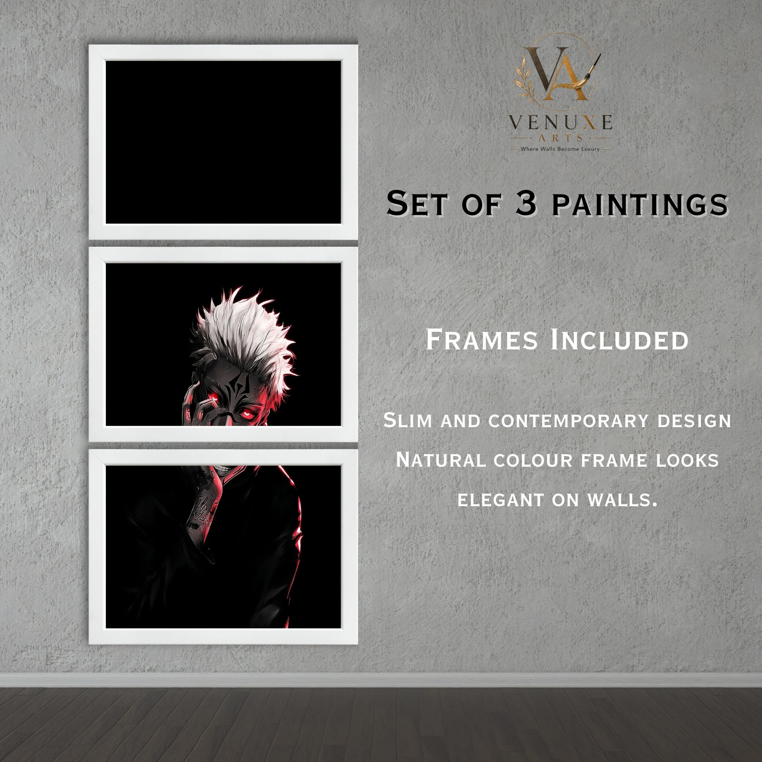VENUXE ARTS Set Of 3 Anime Characters Wall Framed |Anime Characters Framed Poster for Living Room Bedroom Gaming Room Studio Wall Decor