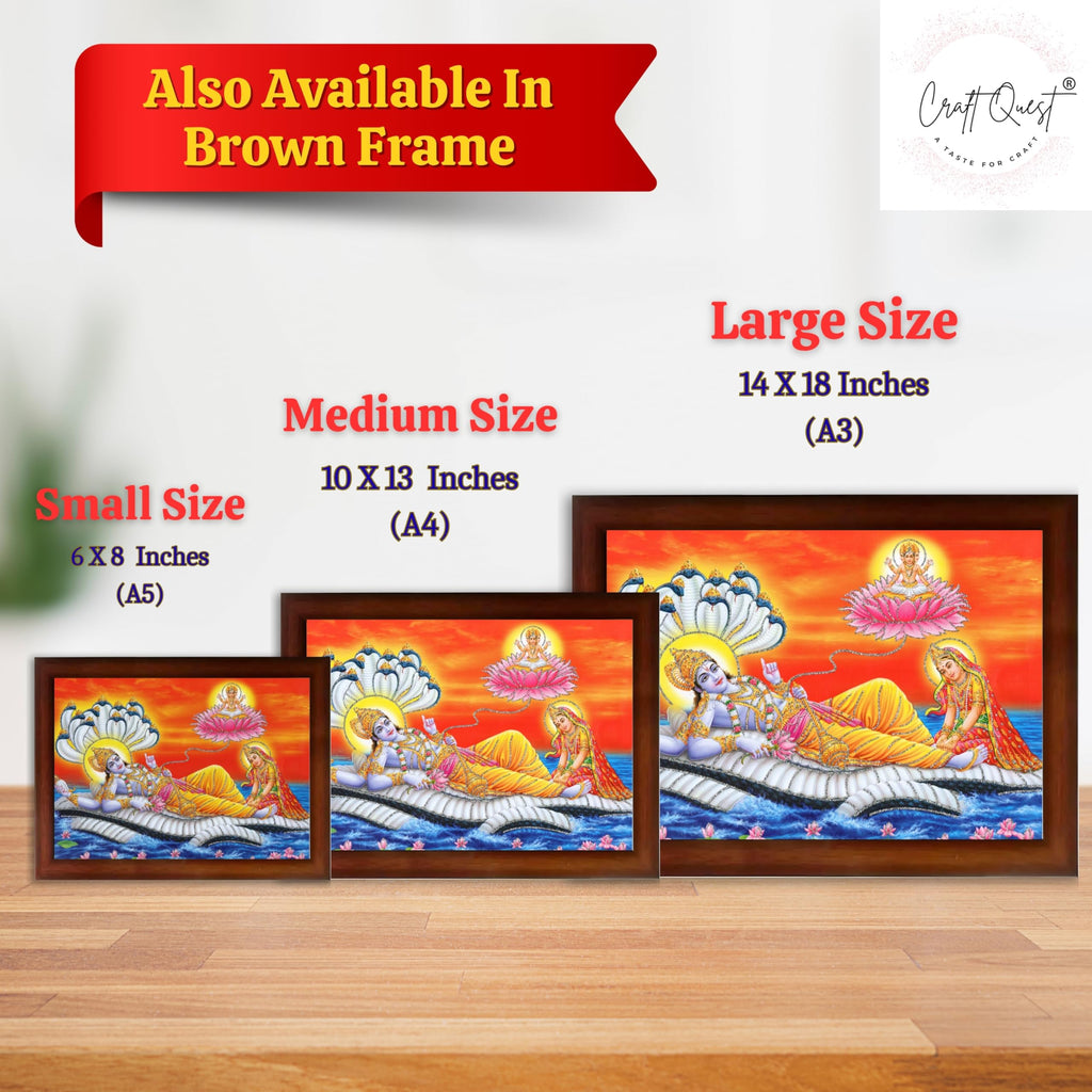CRAFT QUEST Lord Vishnu and Goddess Lakshmi Giving Blessing on Shesh naag, landscape Glitter Work Painting Synthetic Wood Frame