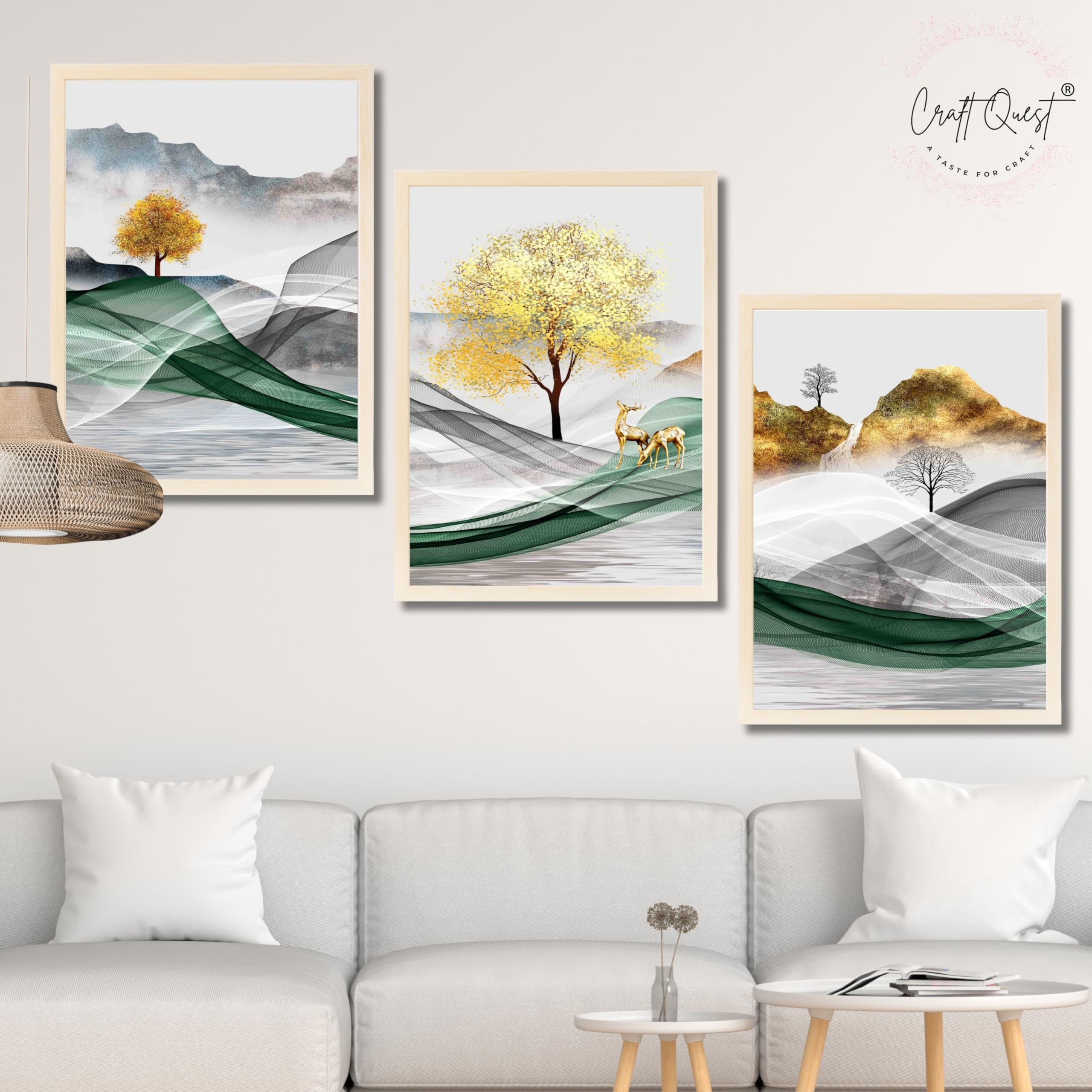 CRAFT QUEST Modern Art Landscapes Abstract Of Moose Golden Mural Wall Art | Set of 3 Frames for Home Decoration | Ideal for Living Room, Bedroom & Offices