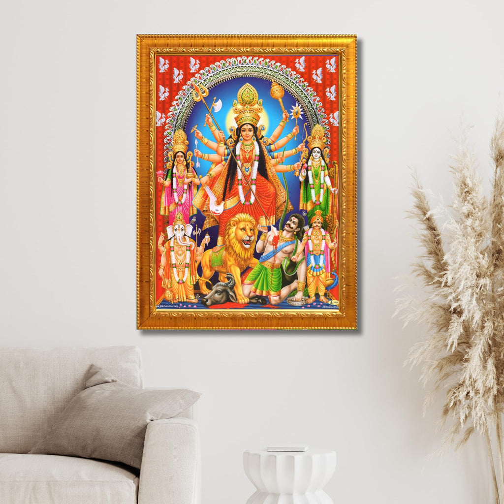 CRAFT QUEST Durga mata Mahishasura Mardini | Mahisasur Mardhini Durga Wall Painting Framed, Goddess Religious Photo Frame With Acrylic Glass