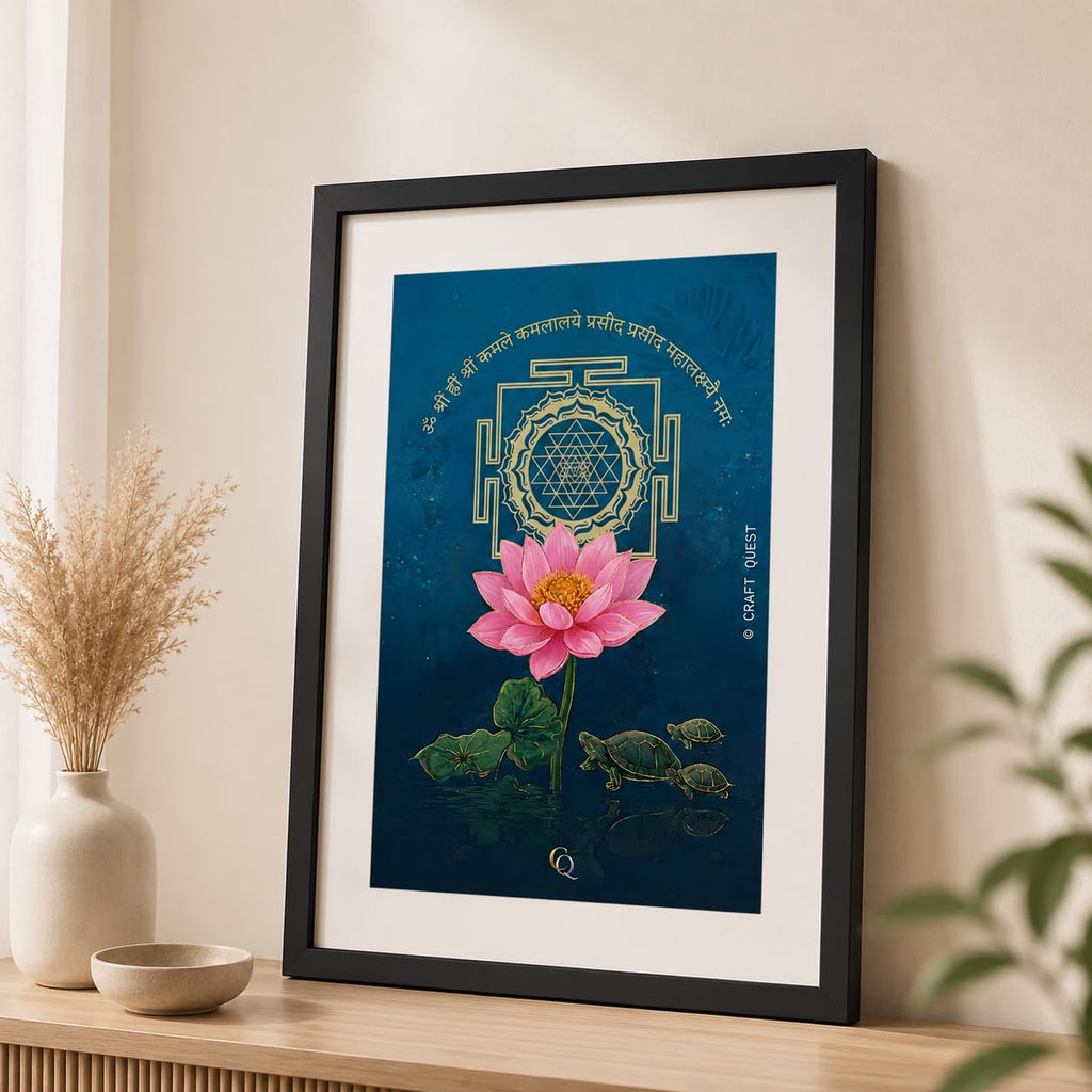 CRAFT QUEST White lotus painting for wall vastu with Shree Yantra and tortoise – Vastu Energy Poster for Prosperity, Money Flow & Stability Photo Frame for Home, Office