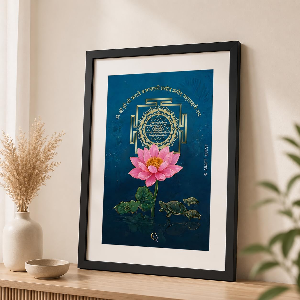 CRAFT QUEST White lotus painting for wall vastu with Shree Yantra and tortoise – Vastu Energy Poster for Prosperity, Money Flow & Stability Photo Frame for Home, Office