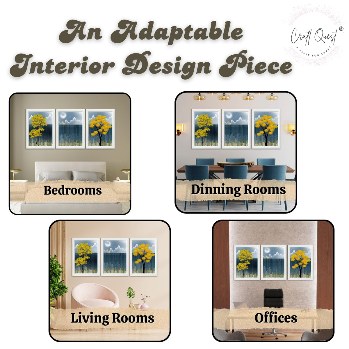 CRAFT QUEST Modern Abstract Blue Landscape Art | Set of 3 Frames for Home Decoration | Ideal for Living Room, Bedroom & Offices