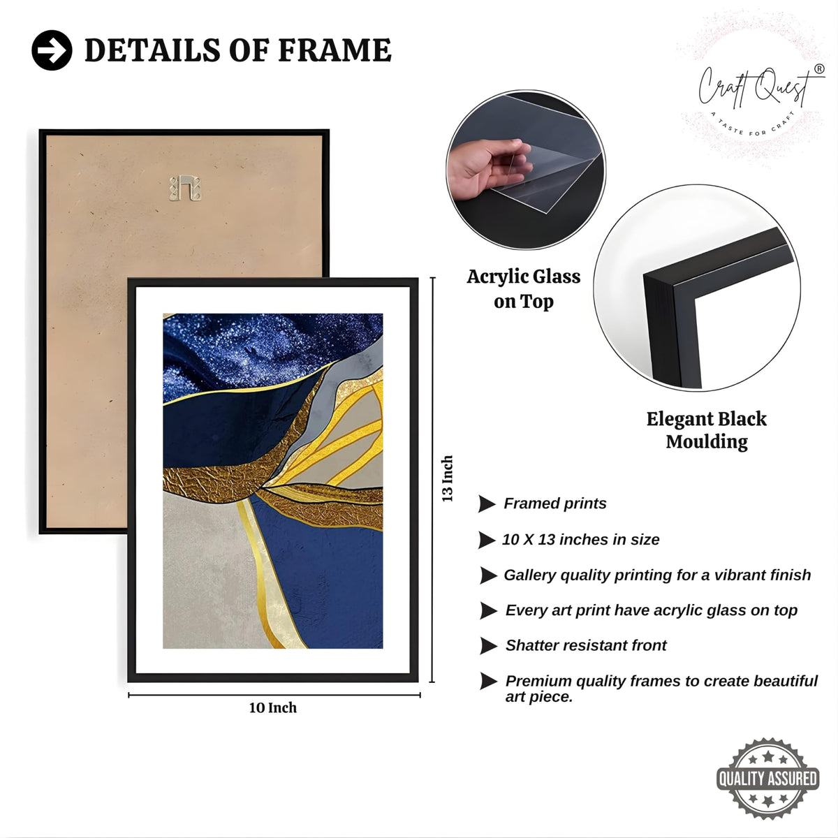 CRAFT QUEST Abstract Blue & Gold Artwork | Set of 3 Frames for Home Decoration | Ideal for Living Room, Bedroom & Offices