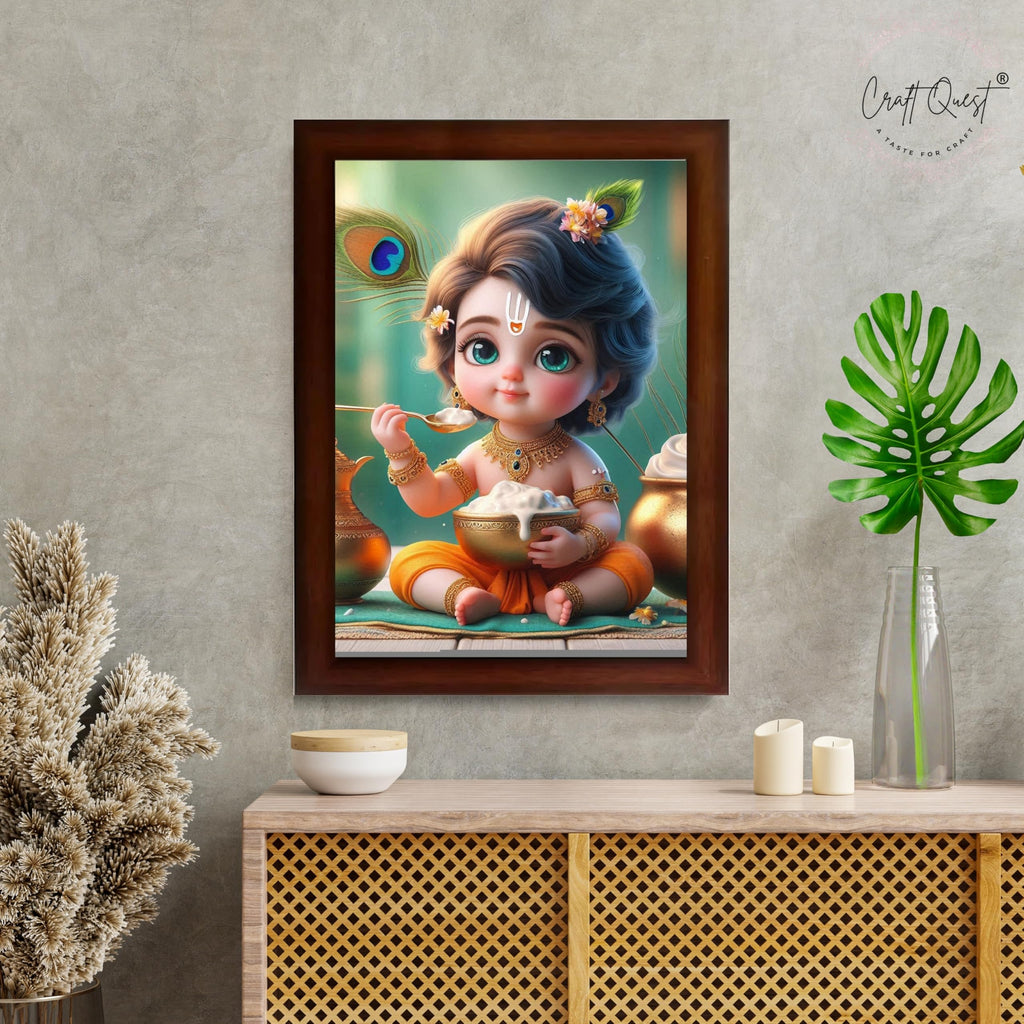CRAFT QUEST Cute Baby Krishna HD Print | Little Krishna Frame for Home Temple, Office Desk, Car Dashboard