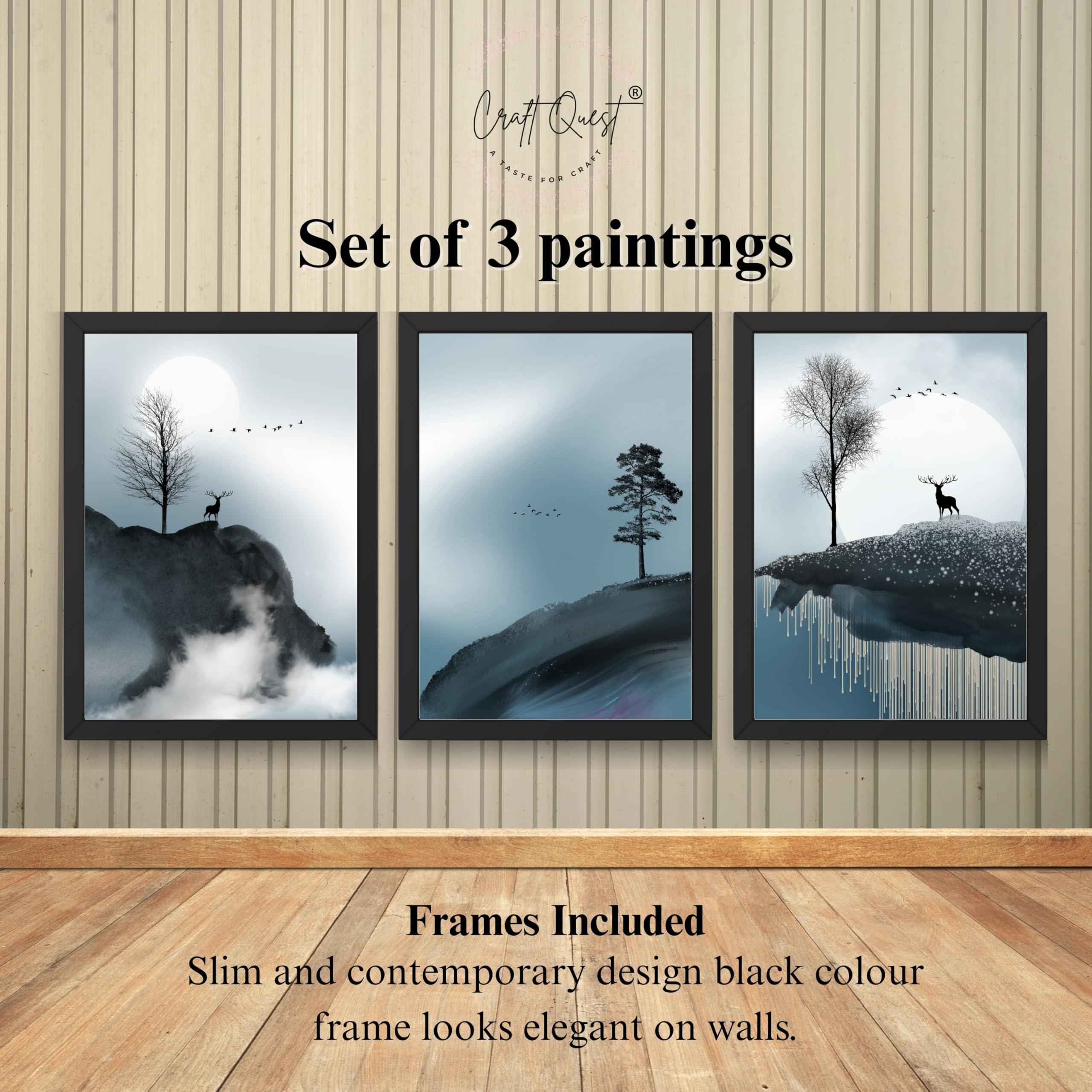 CRAFT QUEST Modern Art Geometric Ink Abstract Wall Art | Set of 3 Frames for Home Decoration | Ideal for Living Room, Bedroom & Offices