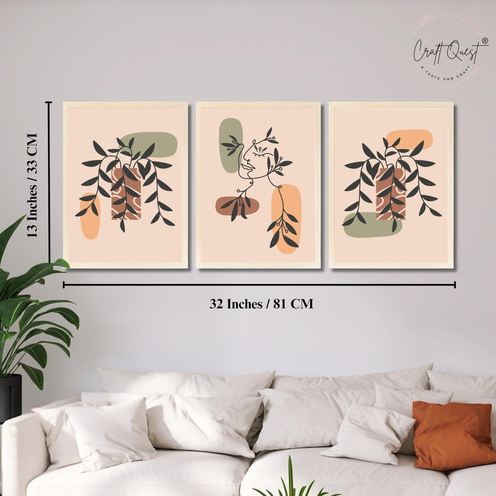 CRAFT QUEST Wall Art Decor Paintings | Set of 3 BOHO Wall Art Frames for Home Decoratio | Ideal for Living Room, Offices & Bedroom