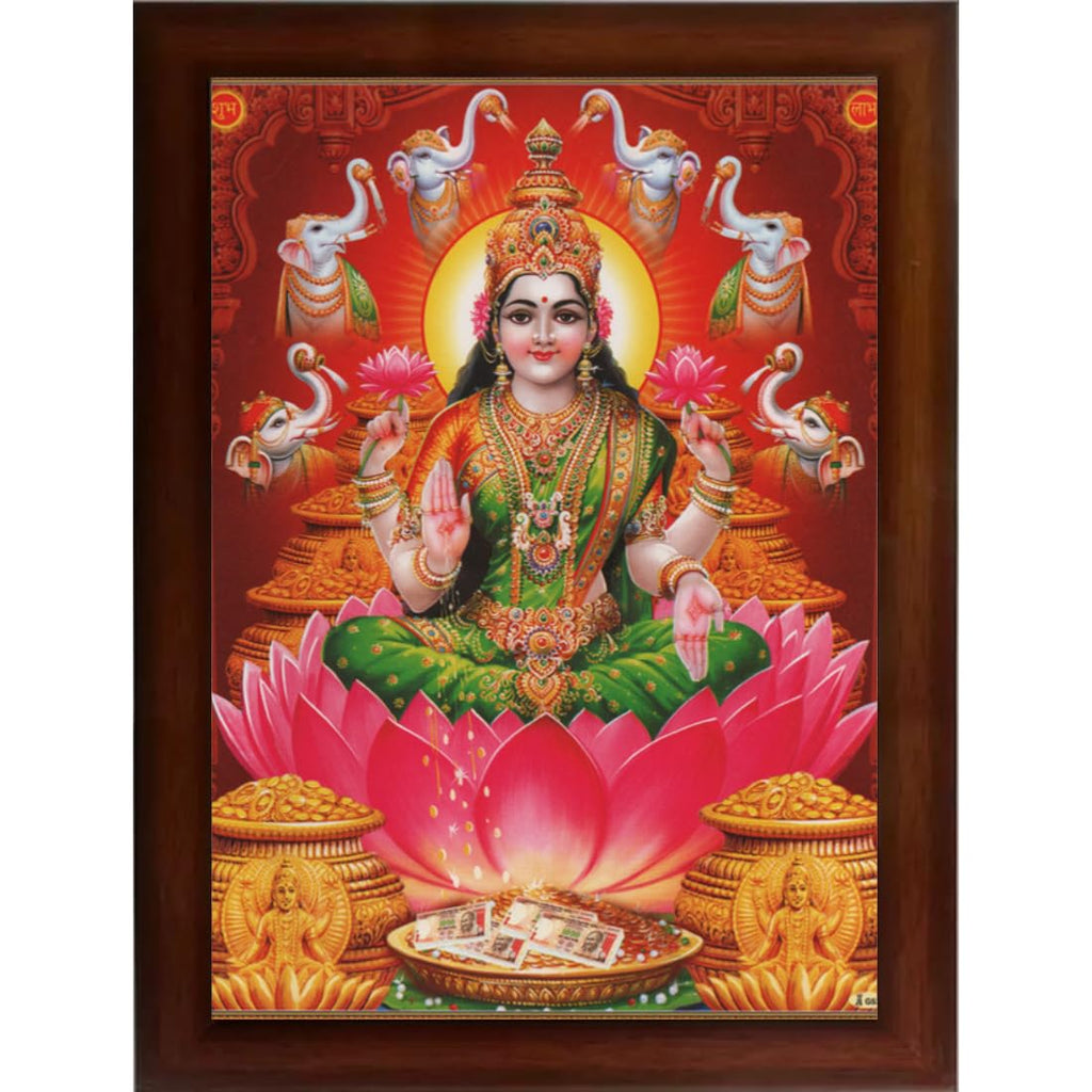 Craft Quest Goddess Lakshmi Devi Dhana Vaibhav Laxmi Maa Wall Painting Framed Home Decor (Synthetic, Matte, Brown, Small Size, 14 X 10 Inch)