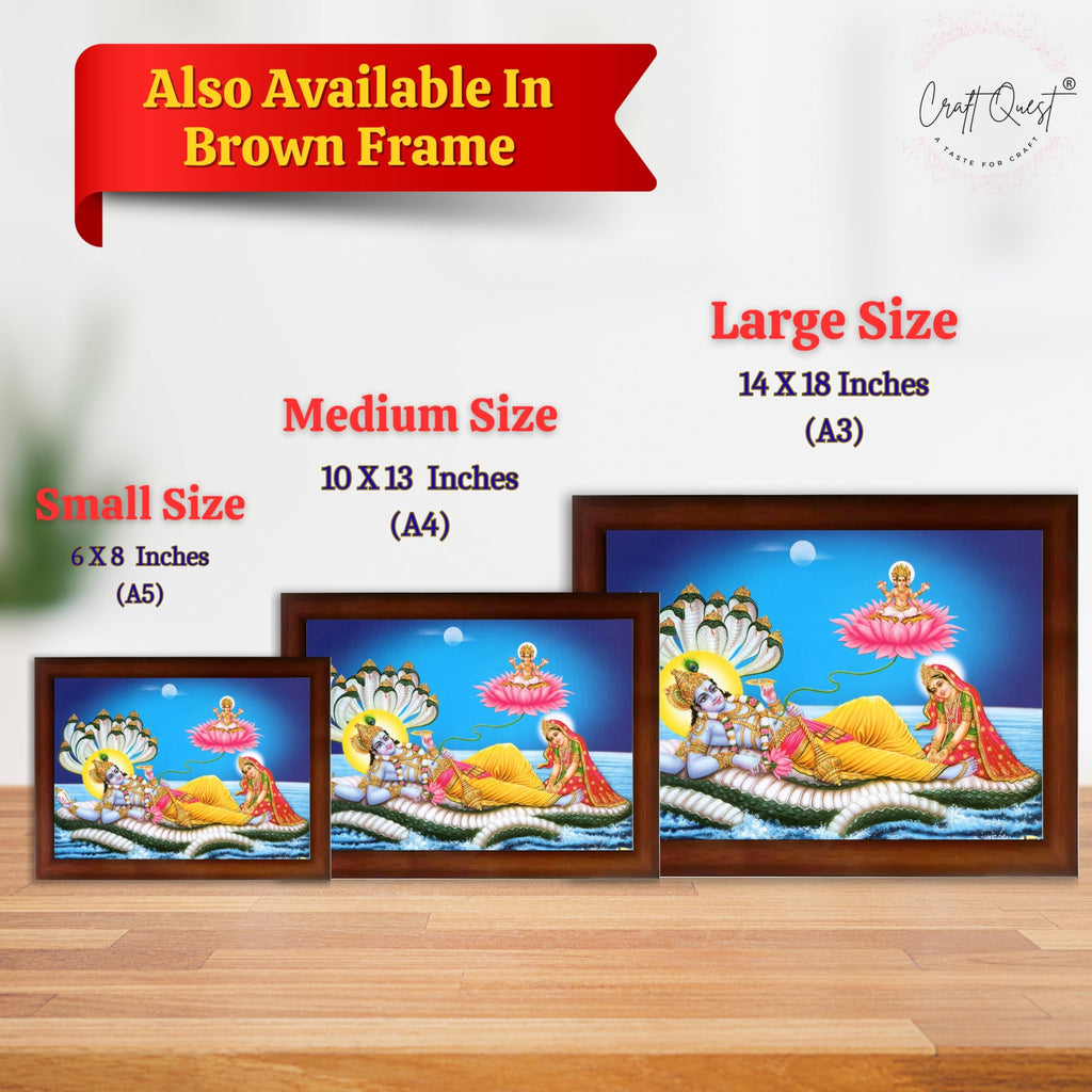 CRAFT QUEST Lord Vishnu and Goddess Lakshmi Giving Blessing on Shesh naag, landscape Glitter Painting with Golden Synthetic Frame