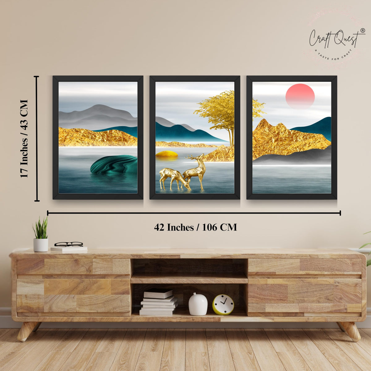 CRAFT QUEST Modern Art Landscapes Sanlian Abstract Wall Art | Set of 3 Frames for Home Decoration | Ideal for Living Room, Bedroom & Offices