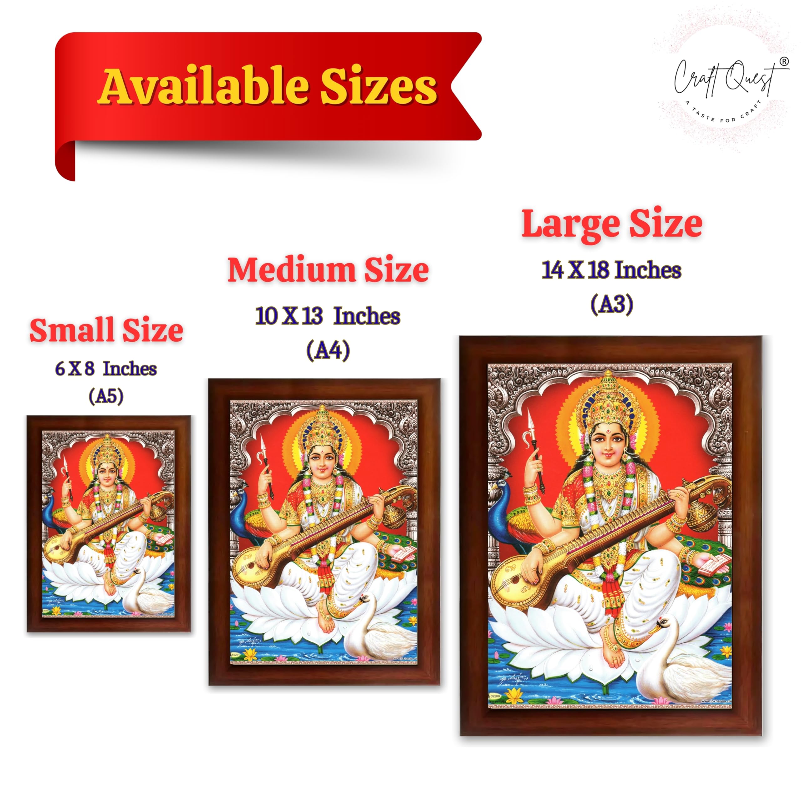 CRAFT QUEST Saraswati Devi Goddess Saraswathi Maa Wall Painting Sparkle Coated Framed Home Décor Synthetic wooden Frame