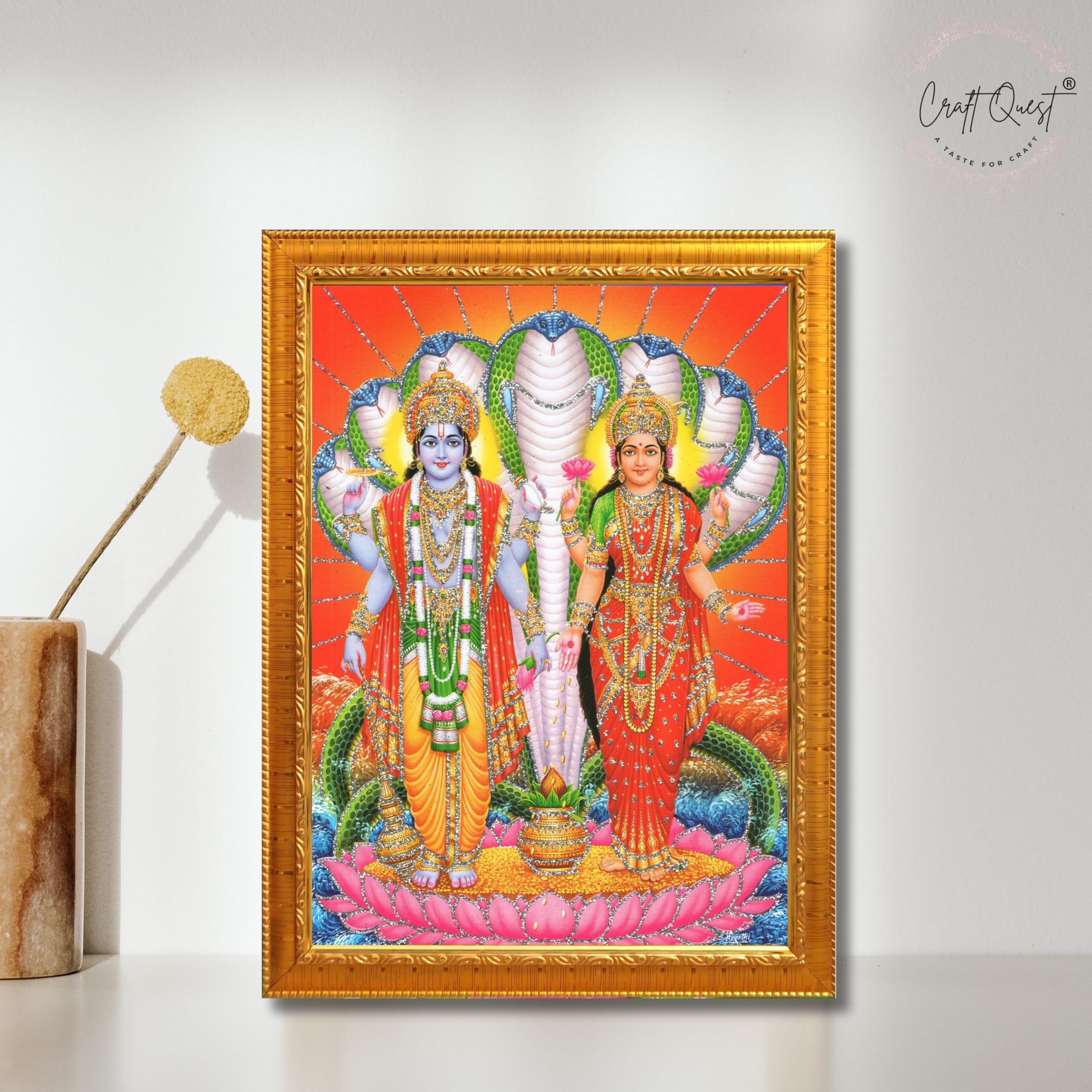 CRAFT QUEST Lord Vishnu Lakshmi Devi Laxmi Narayan Ji Wall Painting Framed Home Décor