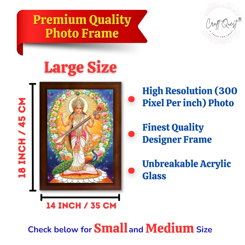 CRAFT QUEST Saraswati Devi Goddess Saraswati Maa Wall Painting Sparkle Coated Framed Home Decor wooden framed