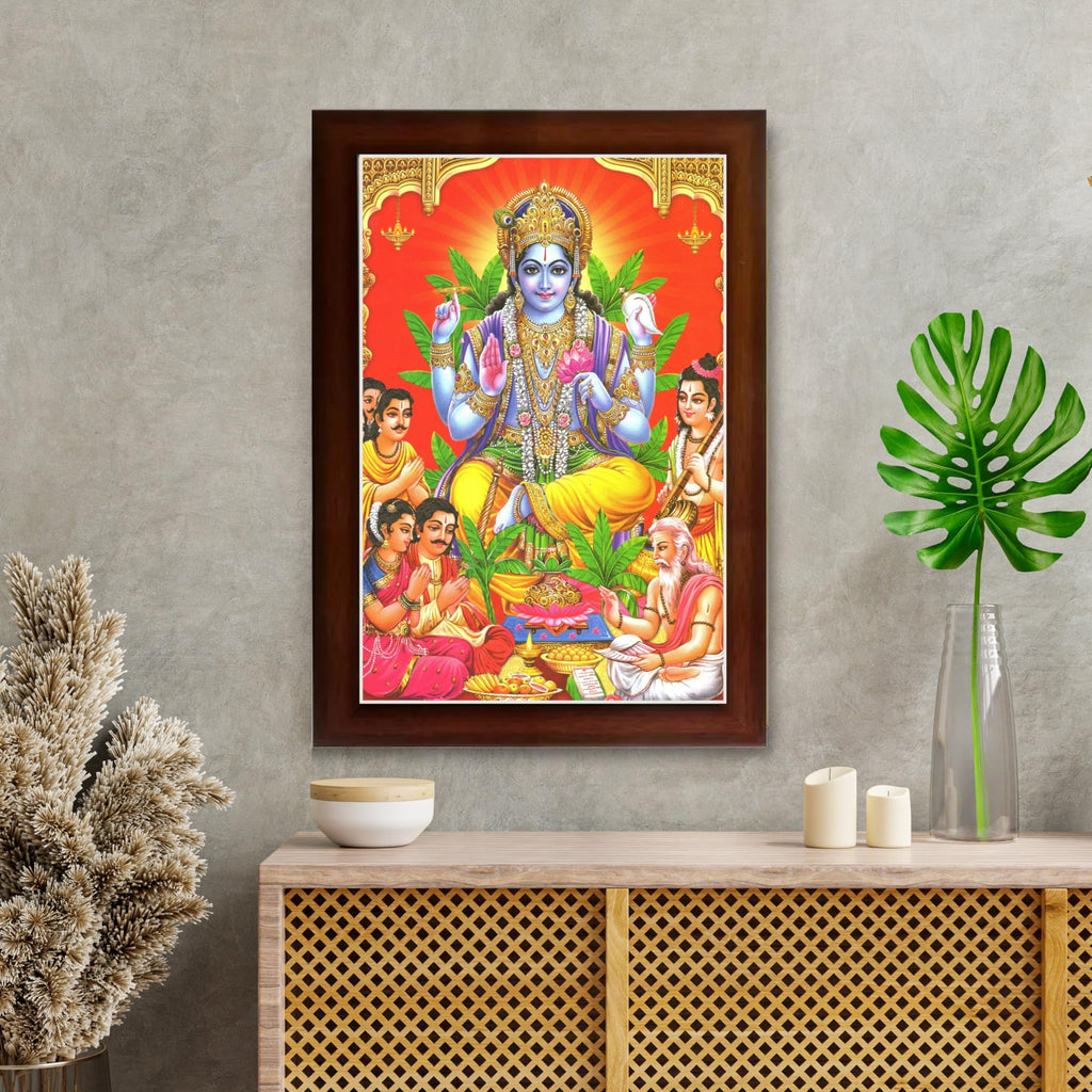 CRAFT QUEST Lord Satyanarayana Swami| Bhagwan Satyanarayan Wall Painting Religious Wood Photo Frame with Acrylic glass