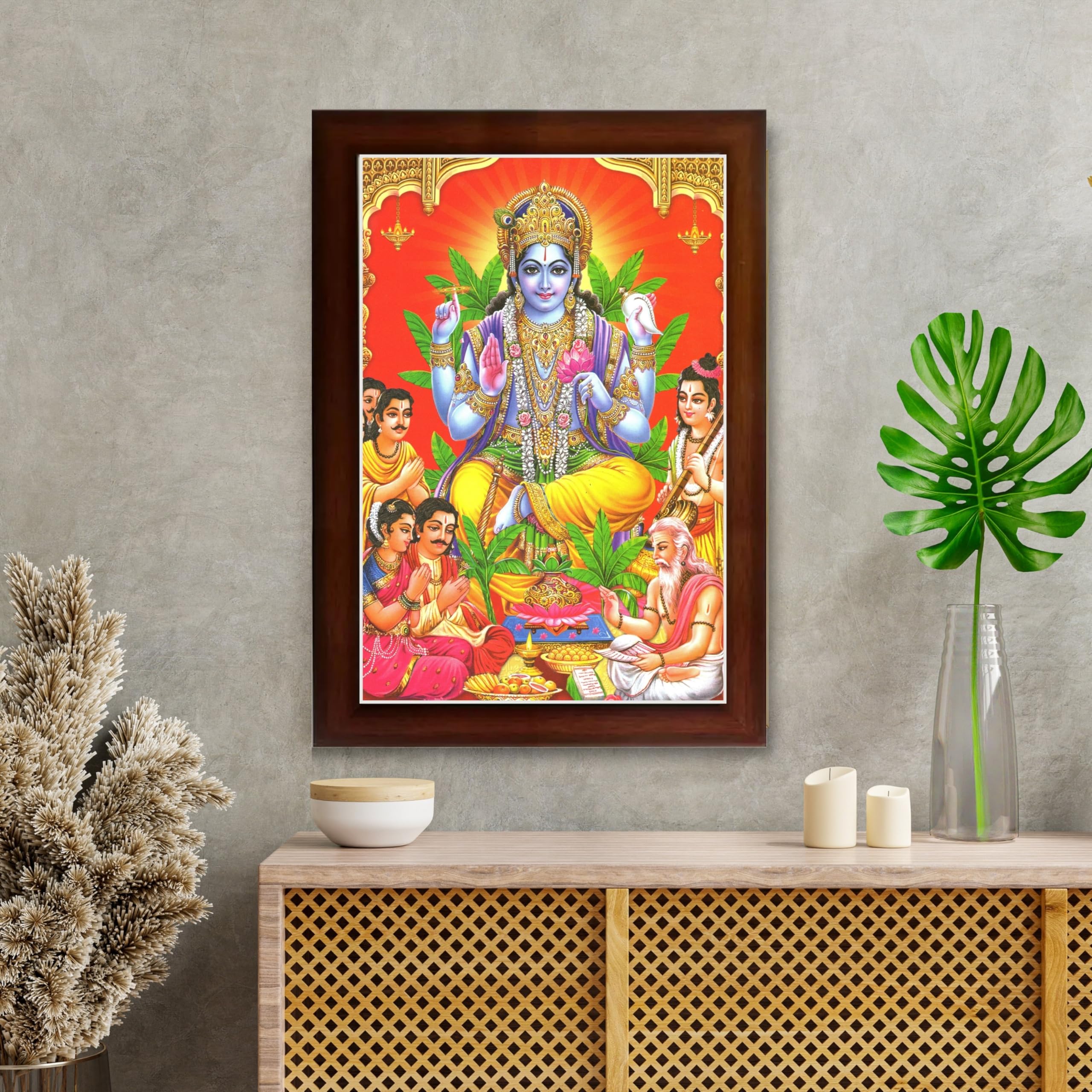 CRAFT QUEST Lord Satyanarayana Swami| Bhagwan Satyanarayan Wall Painting Religious Wood Photo Frame with Acrylic glass