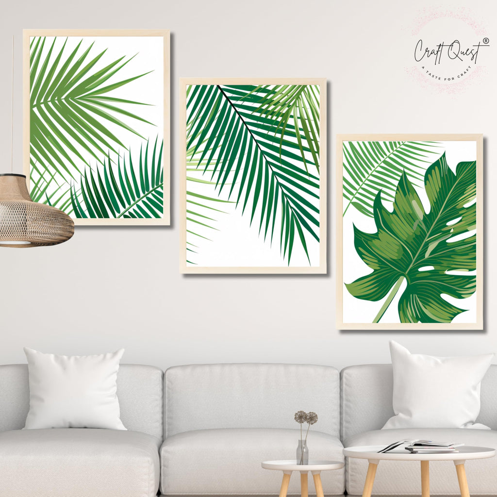 CRAFT QUEST Nature Inspired Tropical Palm Leaf Modern Wall Art | Set of 3 Frames for Home Decoration | Ideal for Living Room, Bedroom & Offices