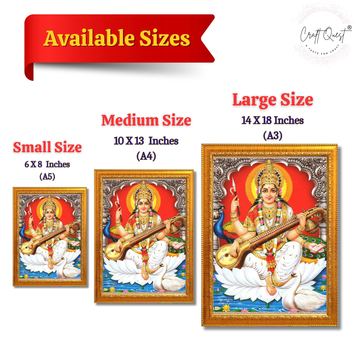 CRAFT QUEST Saraswati Devi Goddess Saraswathi Maa Wall Painting Sparkle Coated Framed Home Décor Synthetic wooden Frame