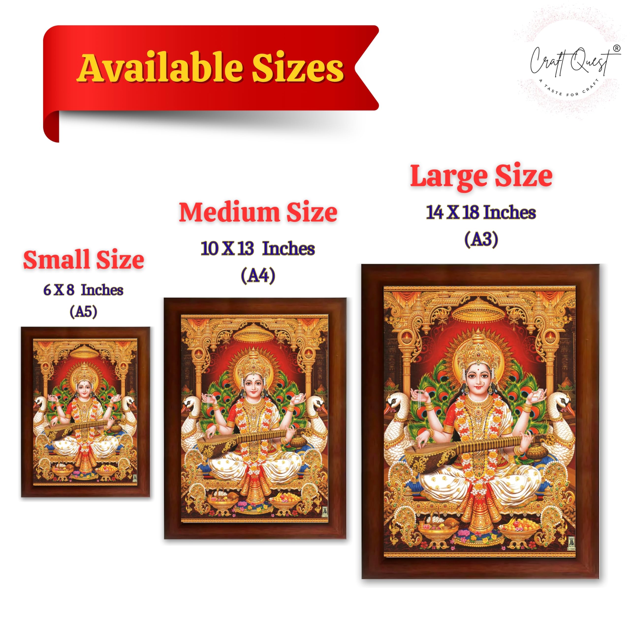 CRAFT QUEST Saraswati Devi Goddess Saraswathi Maa Wall Painting Framed For Home Décor Synthetic wooden Framed