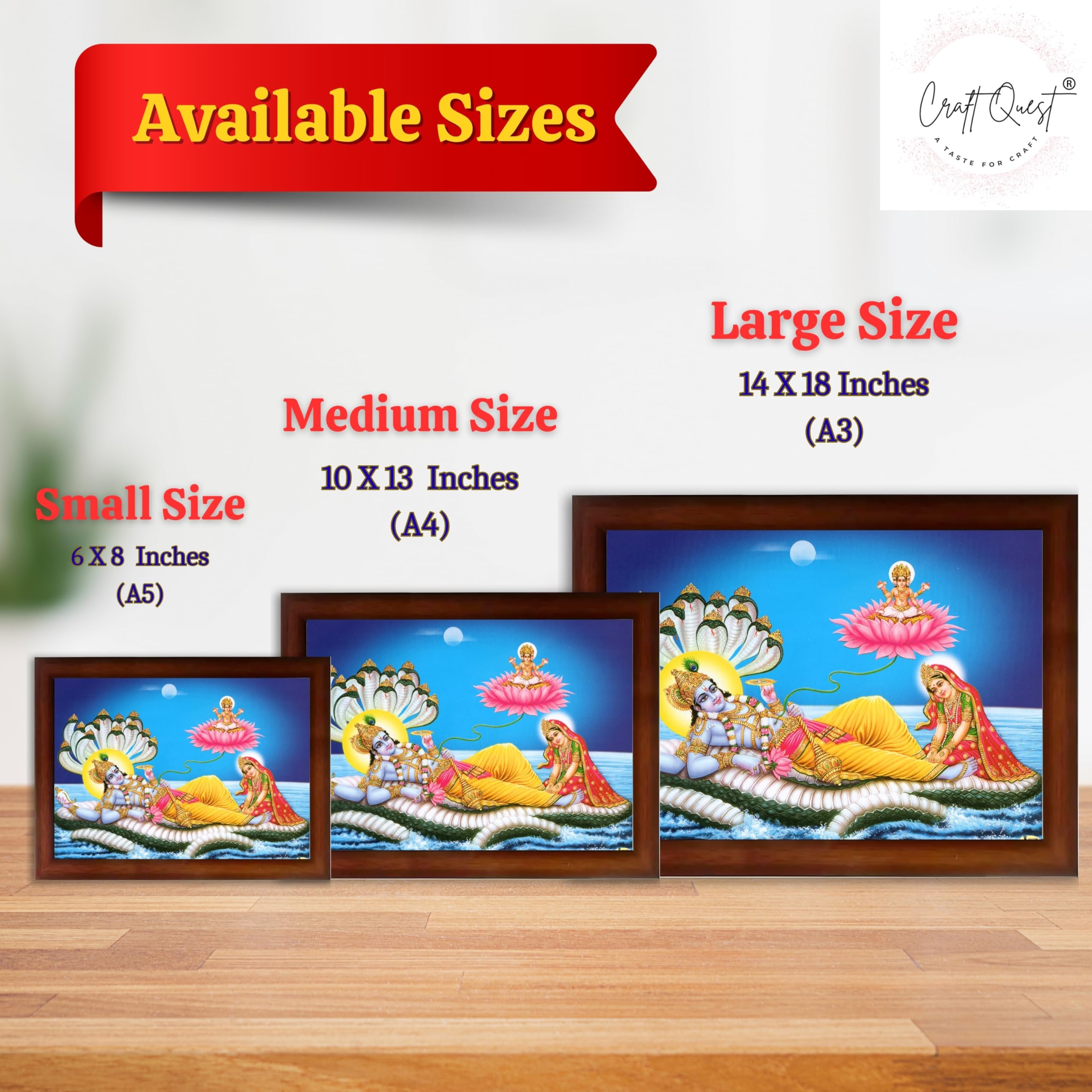 CRAFT QUEST Lord Vishnu and Goddess Lakshmi Giving Blessing on Shesh naag, landscape Glitter Painting with Golden Synthetic Frame