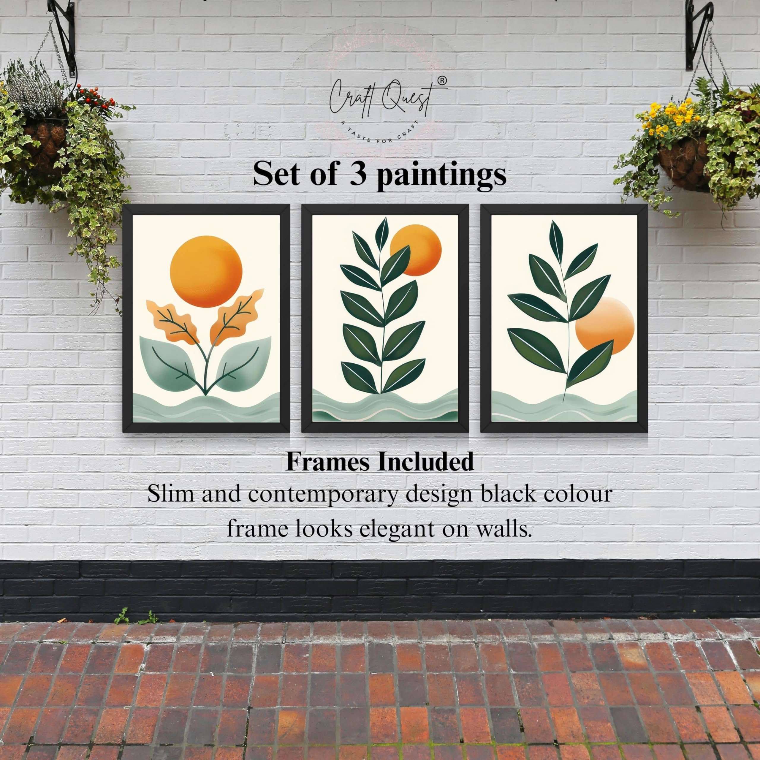 CRAFT QUEST Nature Inspired Sun & Moon Modern Boho Wall Art | Set of 3 Frames for Home Decoration | Ideal for Living Room, Bedroom & Offices