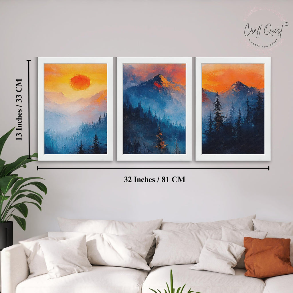 CRAFT QUEST Nature Inspired Landscape With Trees & Mountains Wall Art | Set of 3 Frames for Home Decoration | Ideal for Living Room, Bedroom & Offices