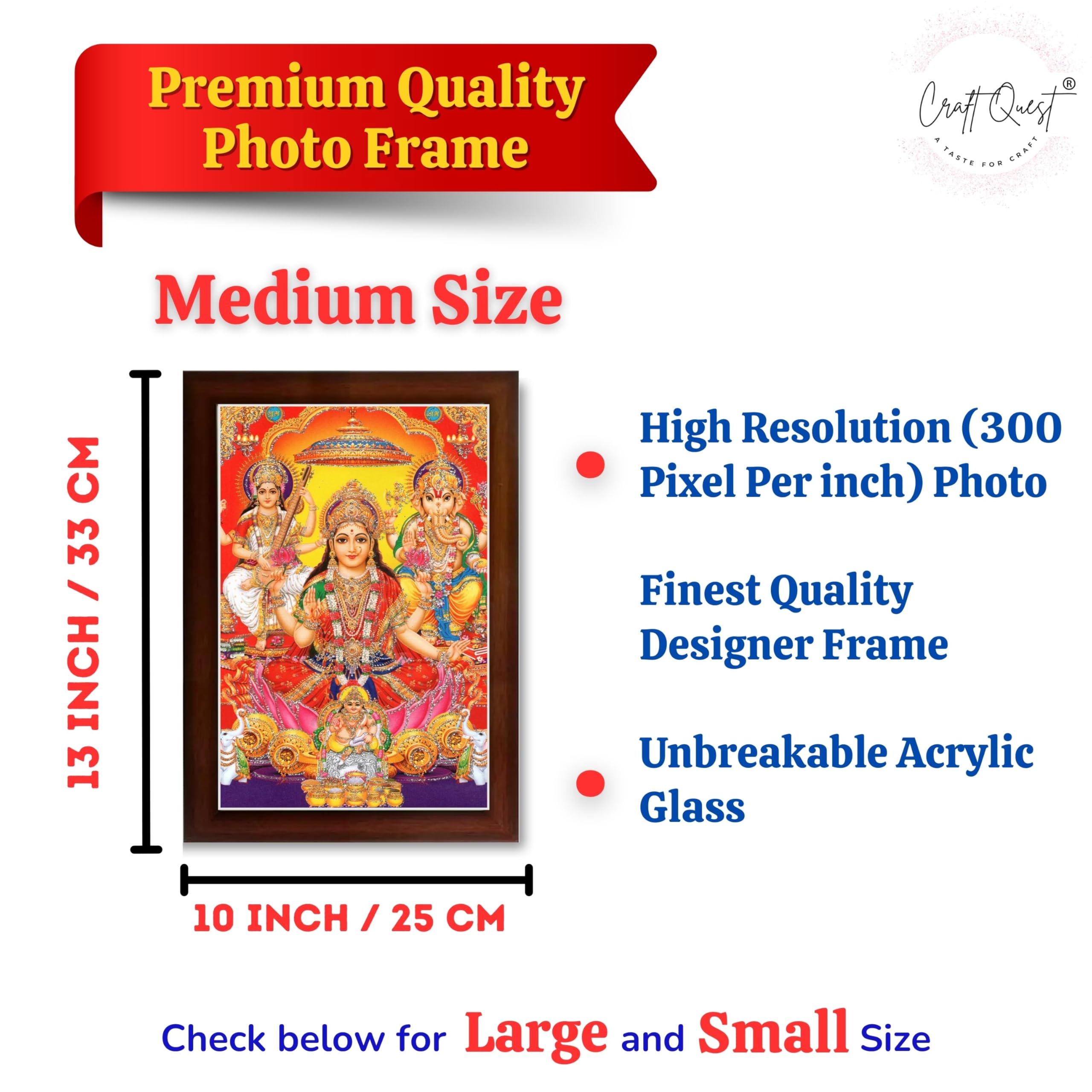 CRAFT QUEST Goddess Laxmi Ganesh Saraswati Religious God Hindu Photo Frame for Diwali,Temple, Pooja, Living Room Home and Decor Item