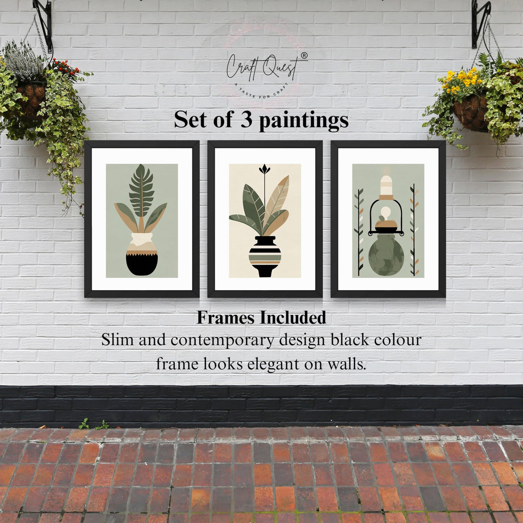 CRAFT QUEST Boho Leaves & Flowers Geometric Abstract | Set of 3 Frames for Home Decoration | Ideal for Living Room, Bedroom & Offices