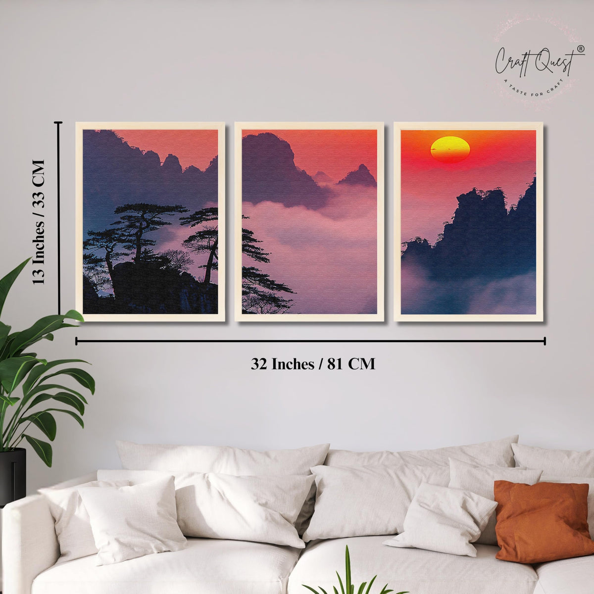 CRAFT QUEST Nature Inspired Mountains & Clouds Wall Art | Set of 3 Frames for Home Decoration | Ideal for Living Room, Bedroom & Offices