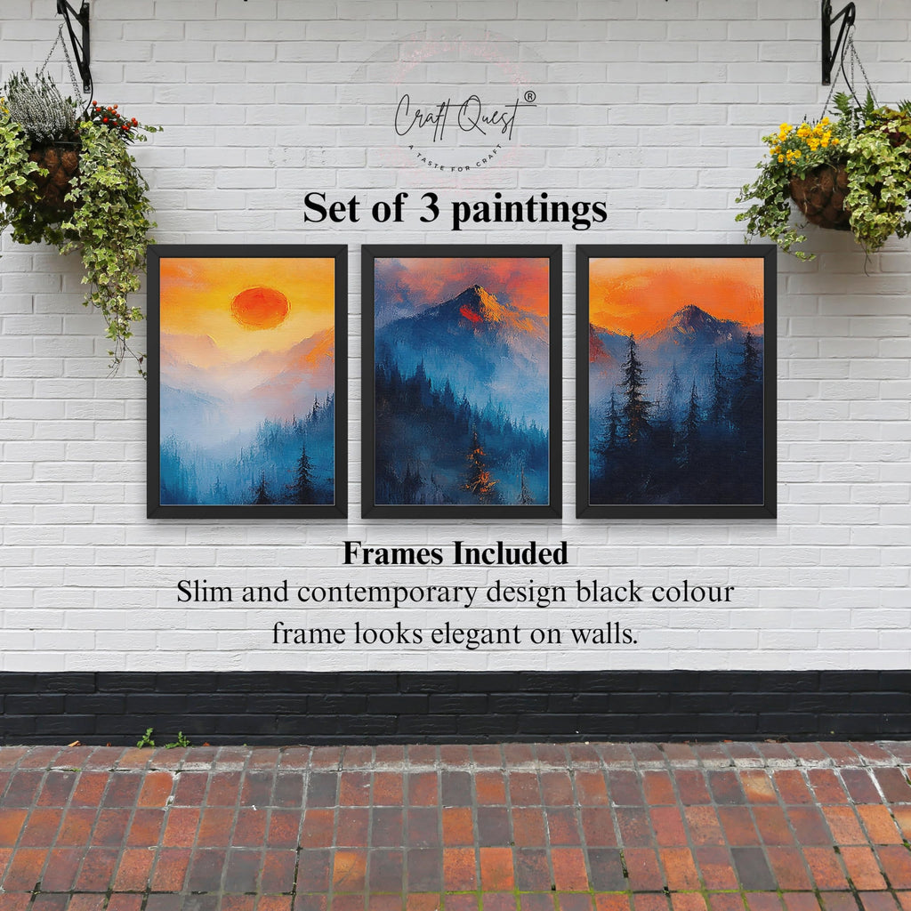 CRAFT QUEST Nature Inspired Landscape With Trees & Mountains Wall Art | Set of 3 Frames for Home Decoration | Ideal for Living Room, Bedroom & Offices