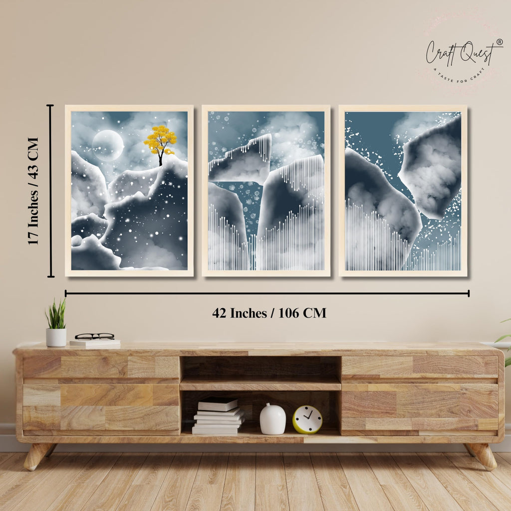 CRAFT QUEST Modern Art Abstract Blue Landscape Wall Art | Set of 3 Frames for Home Decoration | Ideal for Living Room, Bedroom & Offices