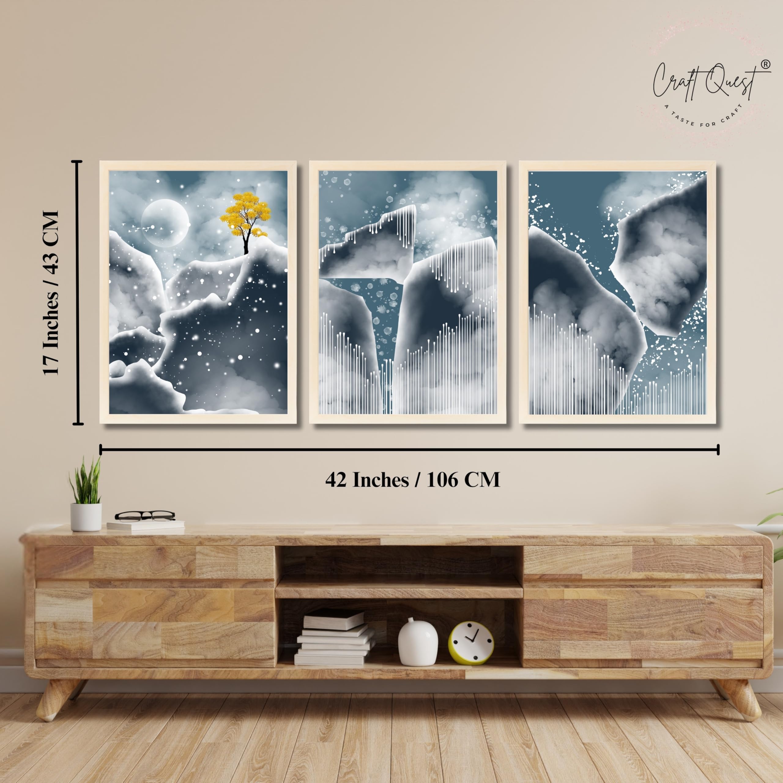 CRAFT QUEST Modern Art Abstract Blue Landscape Wall Art | Set of 3 Frames for Home Decoration | Ideal for Living Room, Bedroom & Offices