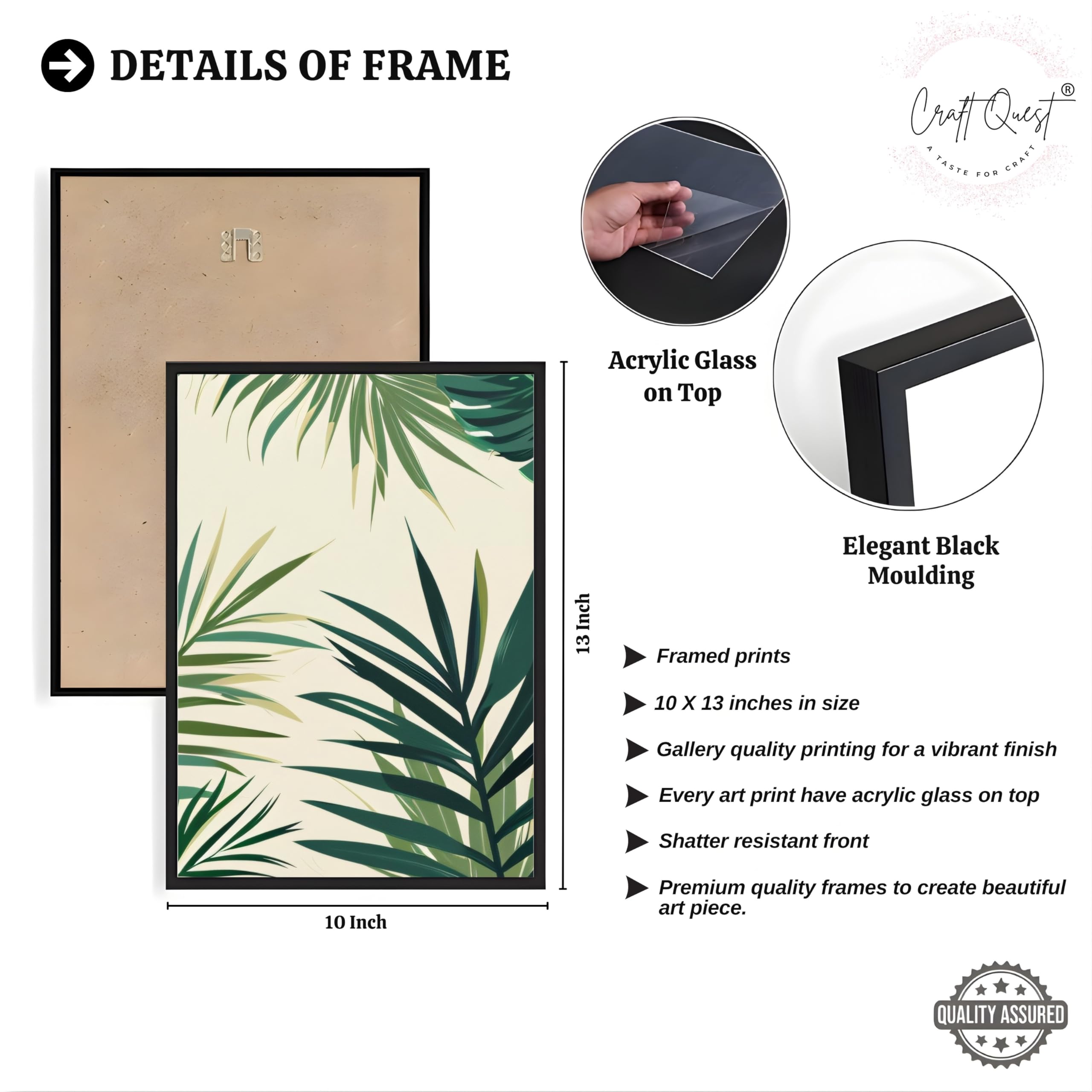 CRAFT QUEST Nature Inspired Tropical Palm Leaves Modern Wall Art | Set of 3 Frames for Home Decoration | Ideal for Living Room, Bedroom & Offices