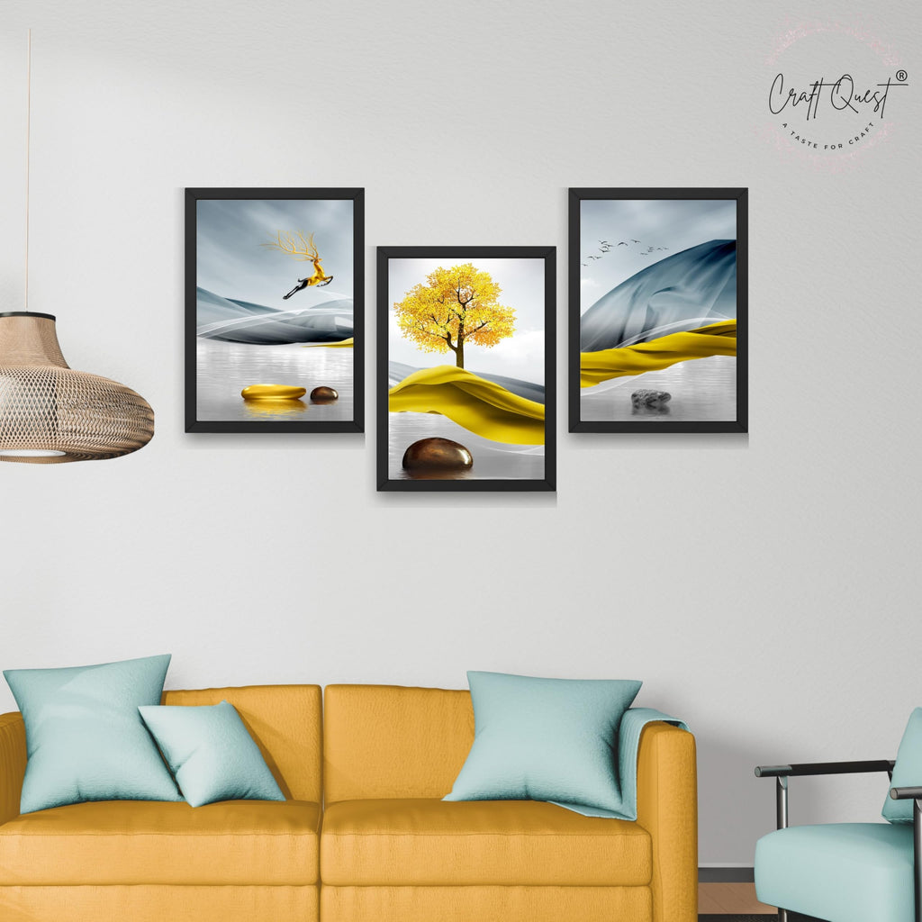 CRAFT QUEST Sanlian Adornment Abstract Modern Art | Set of 3 Frames for Home Decoration | Ideal for Living Room, Bedroom & Offices