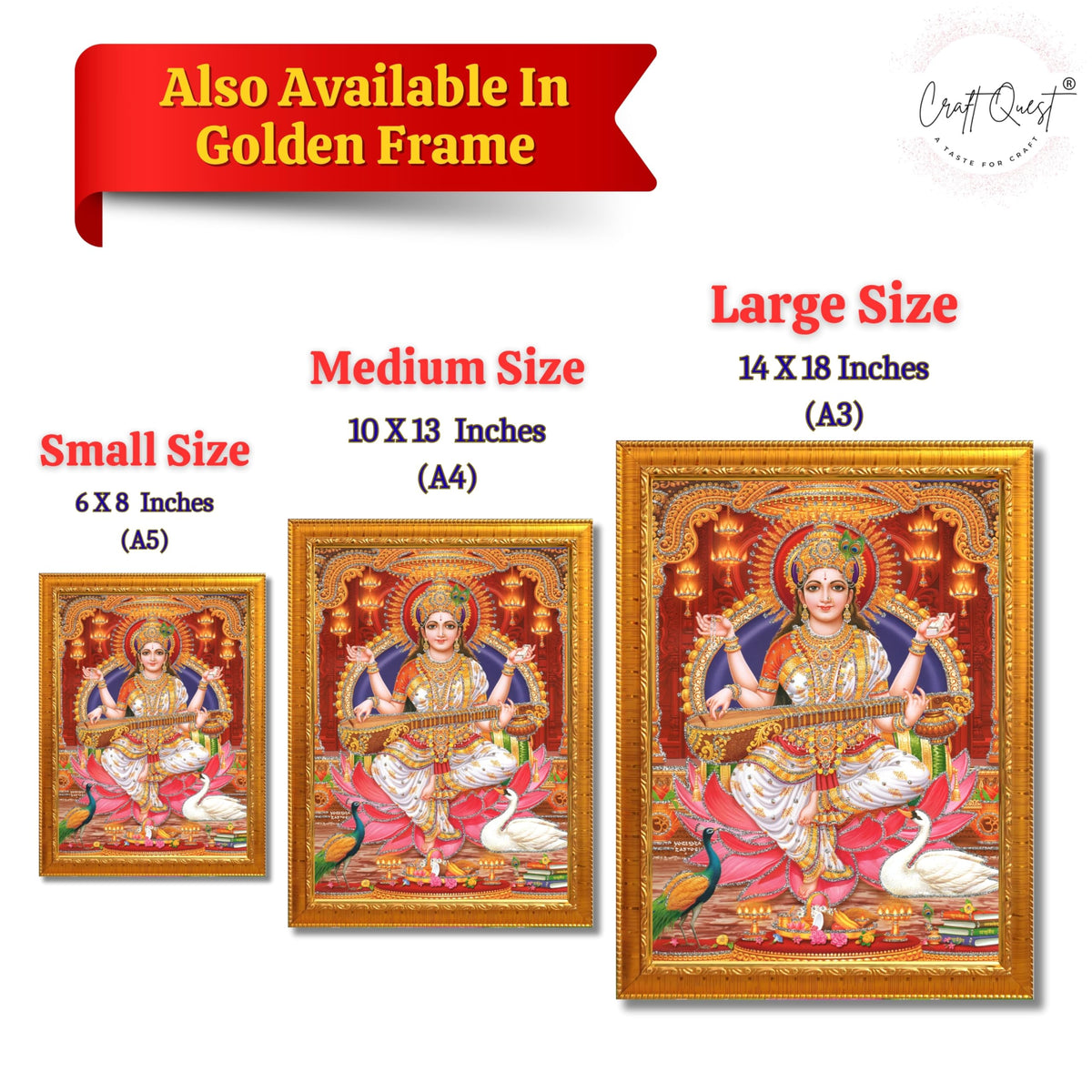 CRAFT QUEST Saraswati Devi Goddess Saraswati Maa Wall Painting Framed Home Decor wooden framed