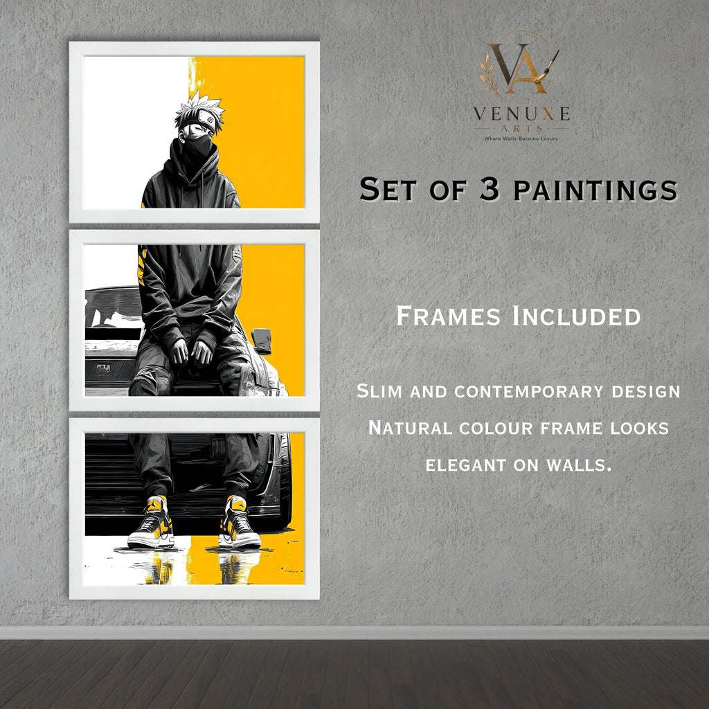 VENUXE ARTS Set Of 3 Anime Characters Wall Framed |Anime Characters Framed Poster for Living Room Bedroom Gaming Room Studio Wall Decor