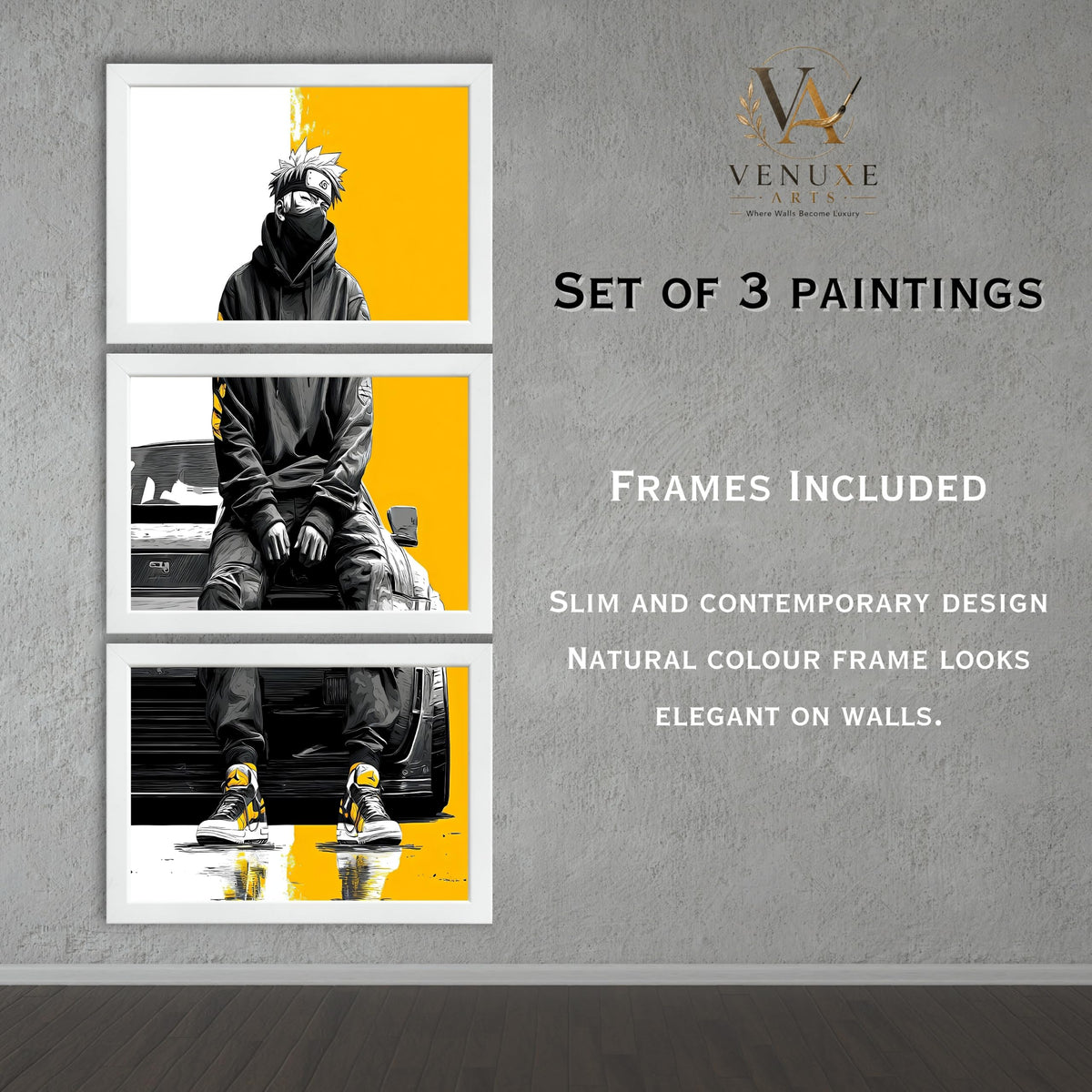 VENUXE ARTS Set Of 3 Anime Characters Wall Framed |Anime Characters Framed Poster for Living Room Bedroom Gaming Room Studio Wall Decor