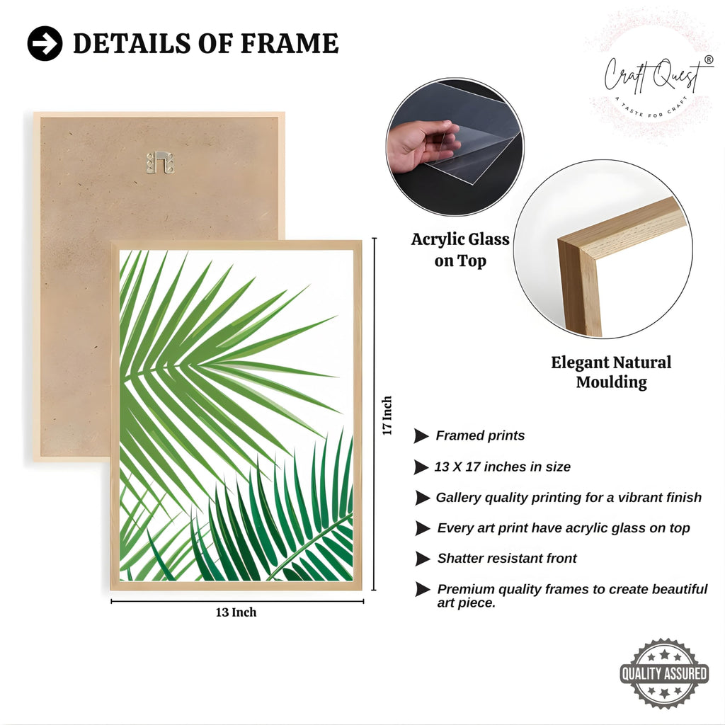 CRAFT QUEST Nature Inspired Tropical Palm Leaf Modern Wall Art | Set of 3 Frames for Home Decoration | Ideal for Living Room, Bedroom & Offices