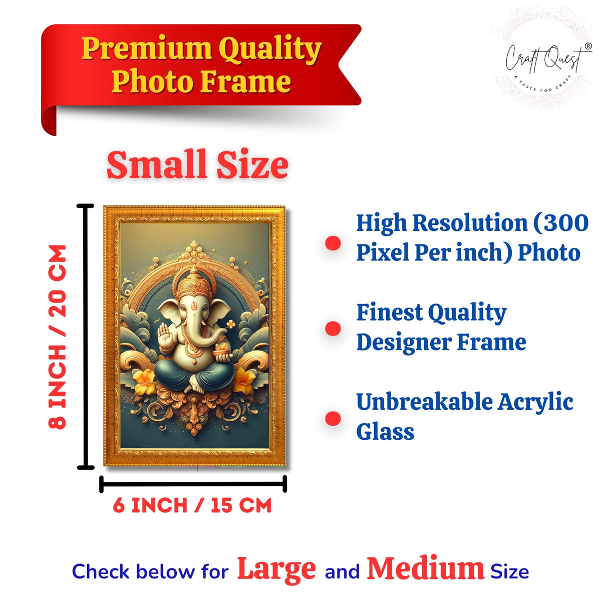 CRAFT QUEST Lord Ganpati Ganesh ji God Frame for Pooja Room & Wall Decor GA-254