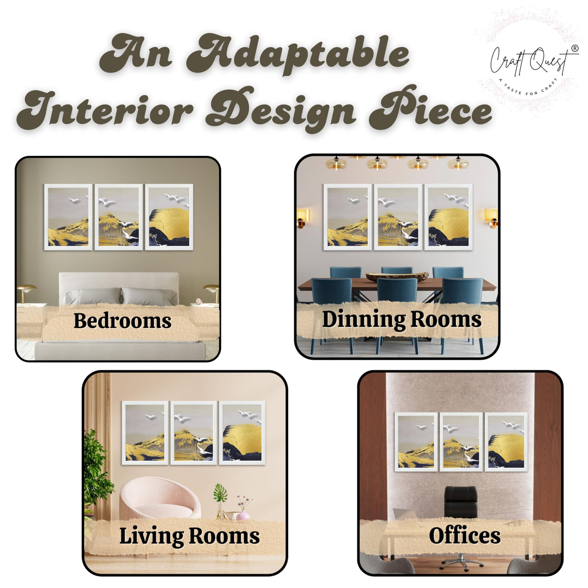 CRAFT QUEST Modern Art Abstract Porch Golden Wall Art | Set of 3 Frames for Home Decoration | Ideal for Living Room, Bedroom & Offices