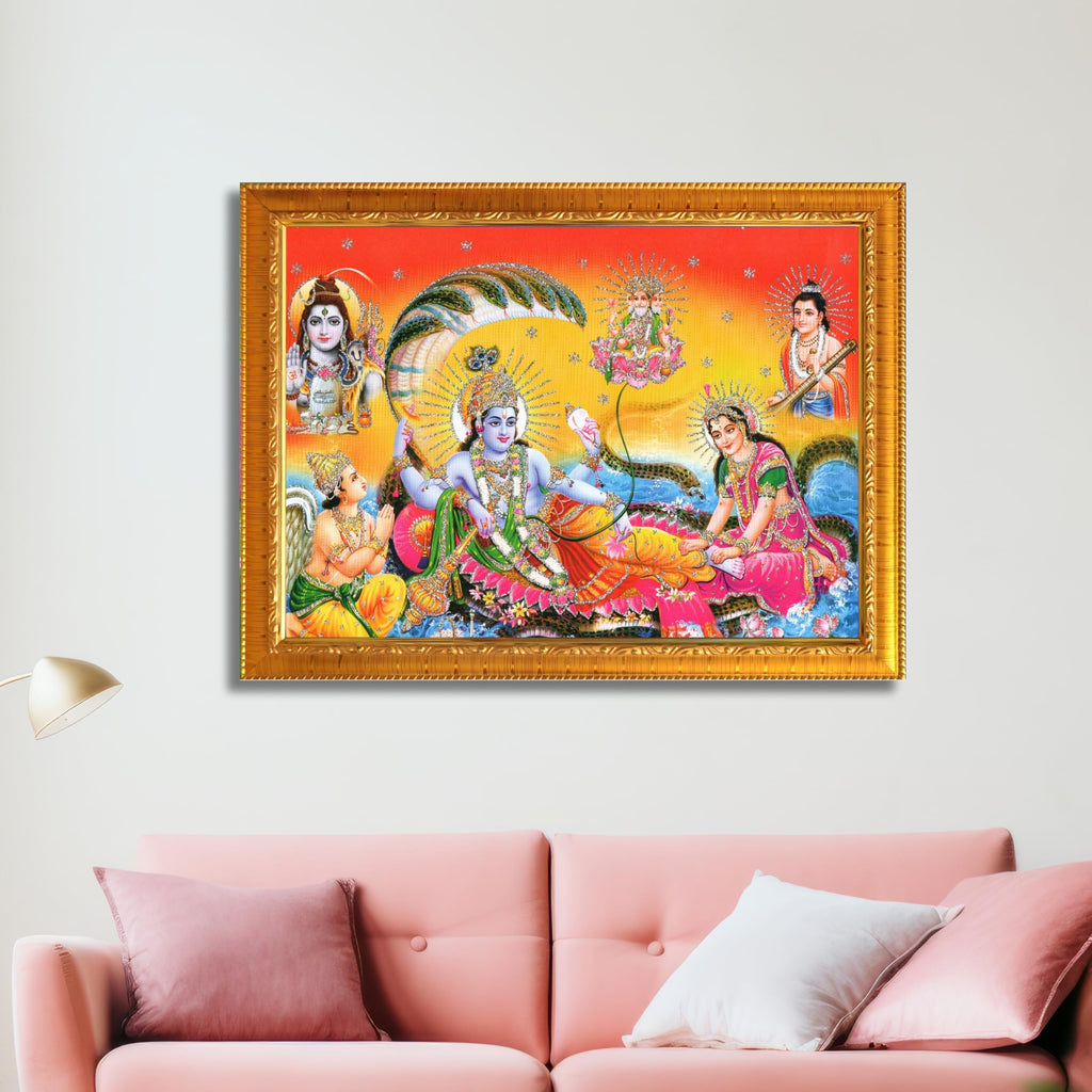 CRAFT QUEST Goddess Lakshmi pressing legs of lord Vishnu on Shesh naag, Glitter Work Painting wooden frame