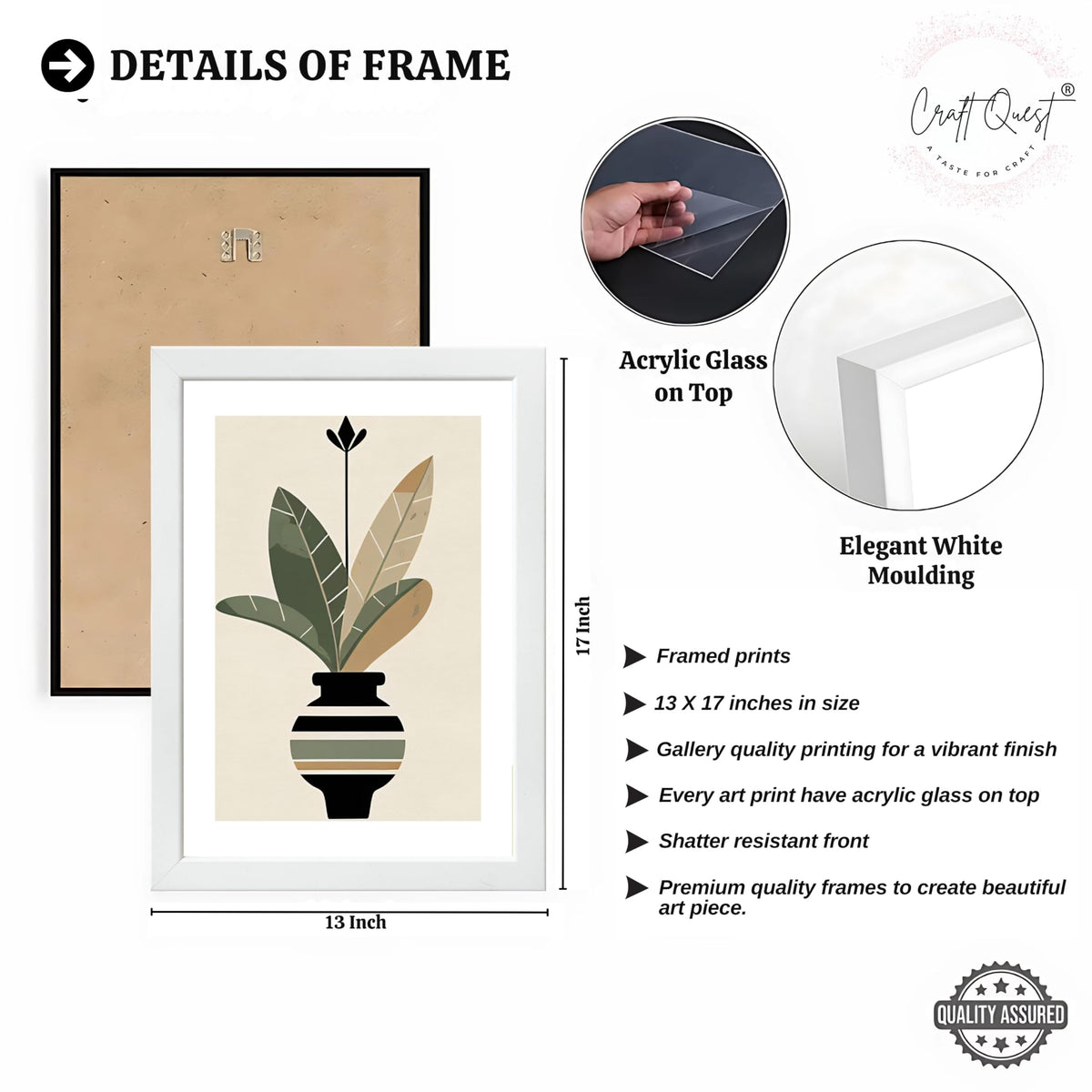 CRAFT QUEST Boho Leaves & Flowers Geometric Abstract | Set of 3 Frames for Home Decoration | Ideal for Living Room, Bedroom & Offices