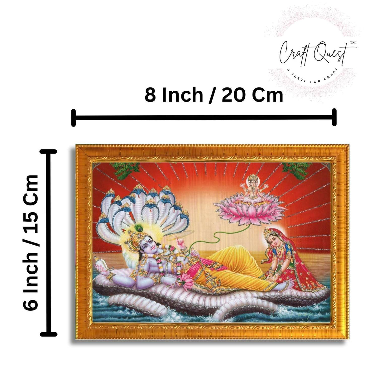 CRAFT QUEST Lord Vishnu and Goddess Lakshmi Giving Blessing on Shesh naag, landscape Glitter Painting with Golden Frame (6 X 8 Inches, Synthetic)