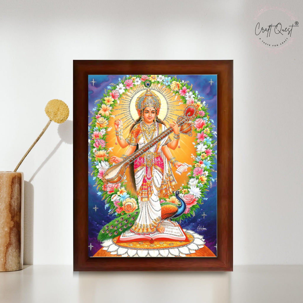 CRAFT QUEST Saraswati Devi Goddess Saraswati Maa Wall Painting Sparkle Coated Framed Home Decor wooden framed