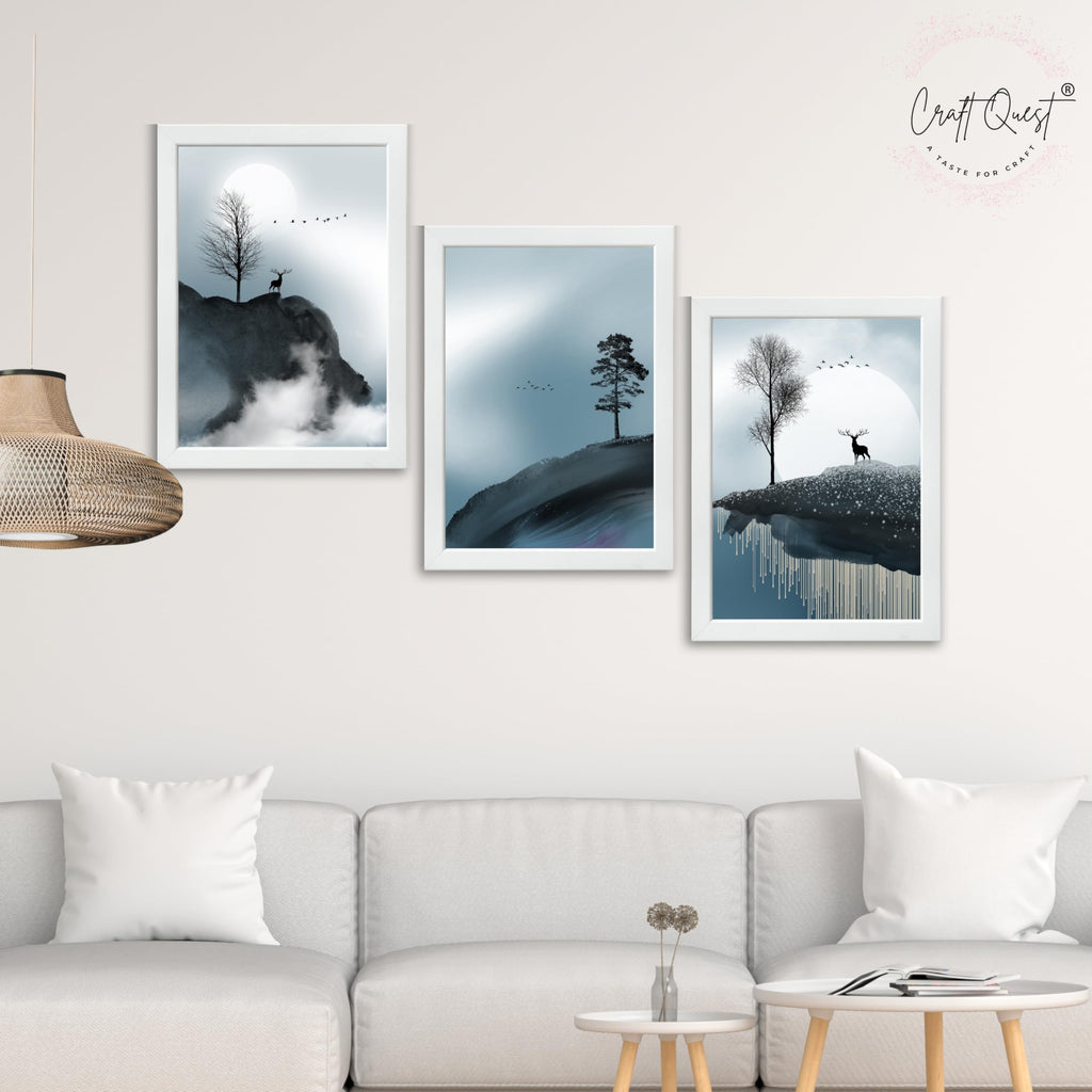 CRAFT QUEST Modern Art Geometric Ink Abstract Wall Art | Set of 3 Frames for Home Decoration | Ideal for Living Room, Bedroom & Offices